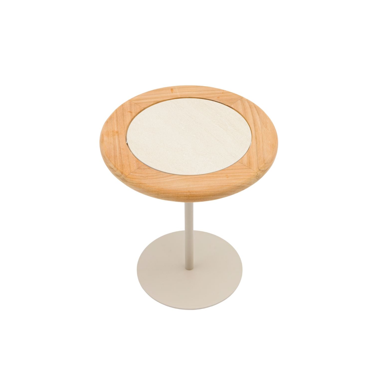 Modern Alta II Beige Side Table with Ceramic & Teak Top - Perfect for Living Room, Bedroom, or Office Decor