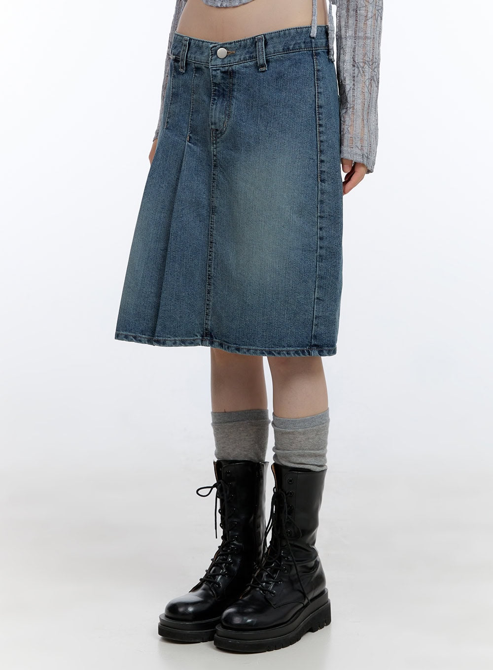 Asymmetrical Pleated Washed Midi Denim Skirt for Women | Vintage Style High Waist A-Line Skirt | Perfect for Casual Outfits, Office Wear & Date Nights