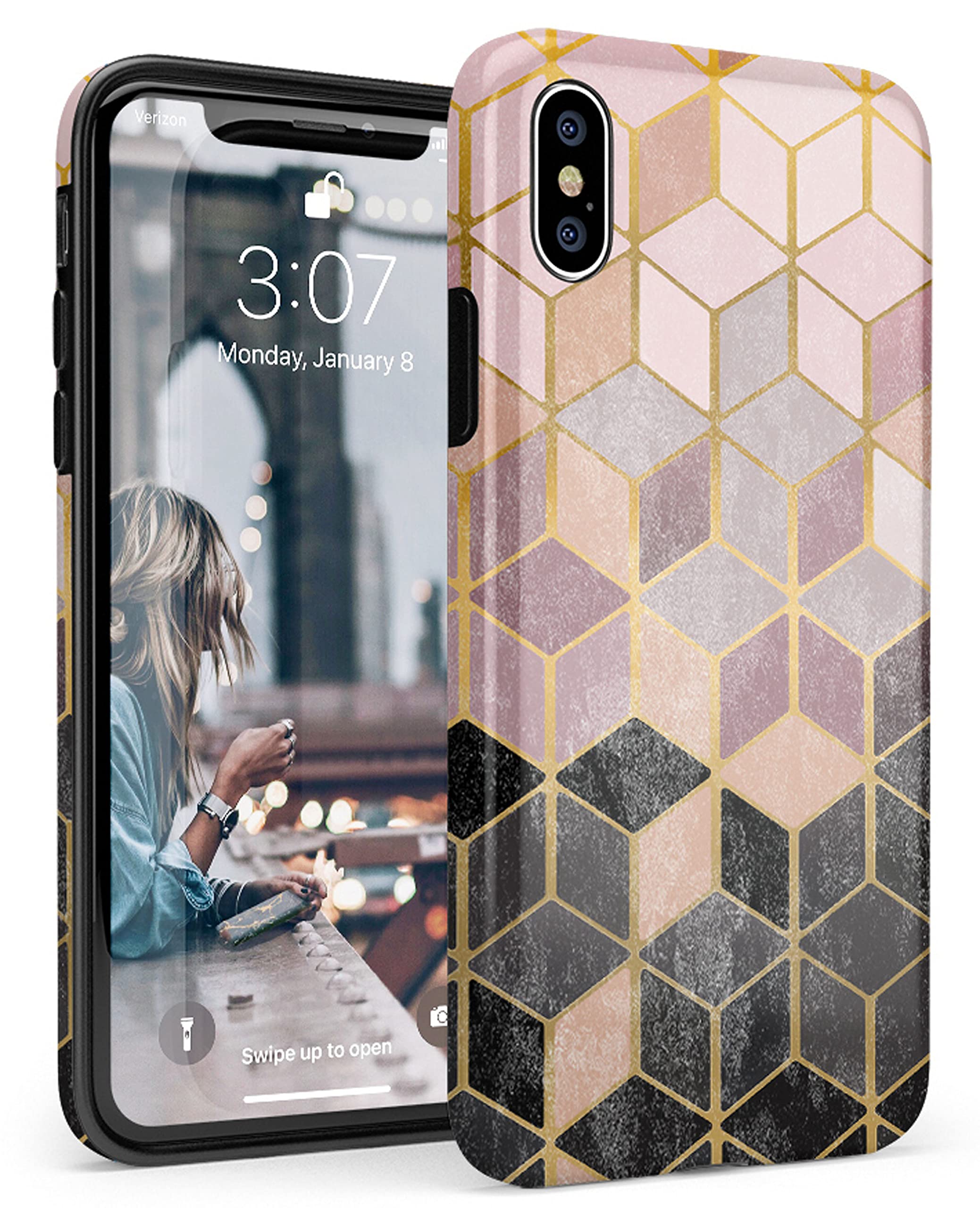 Casely iPhone X/XS Case - Geo Rose Gold Marble Hard Shell Protective Cover | Slim Durable Phone Case for Women & Men | Perfect for Work, Travel & Everyday Use