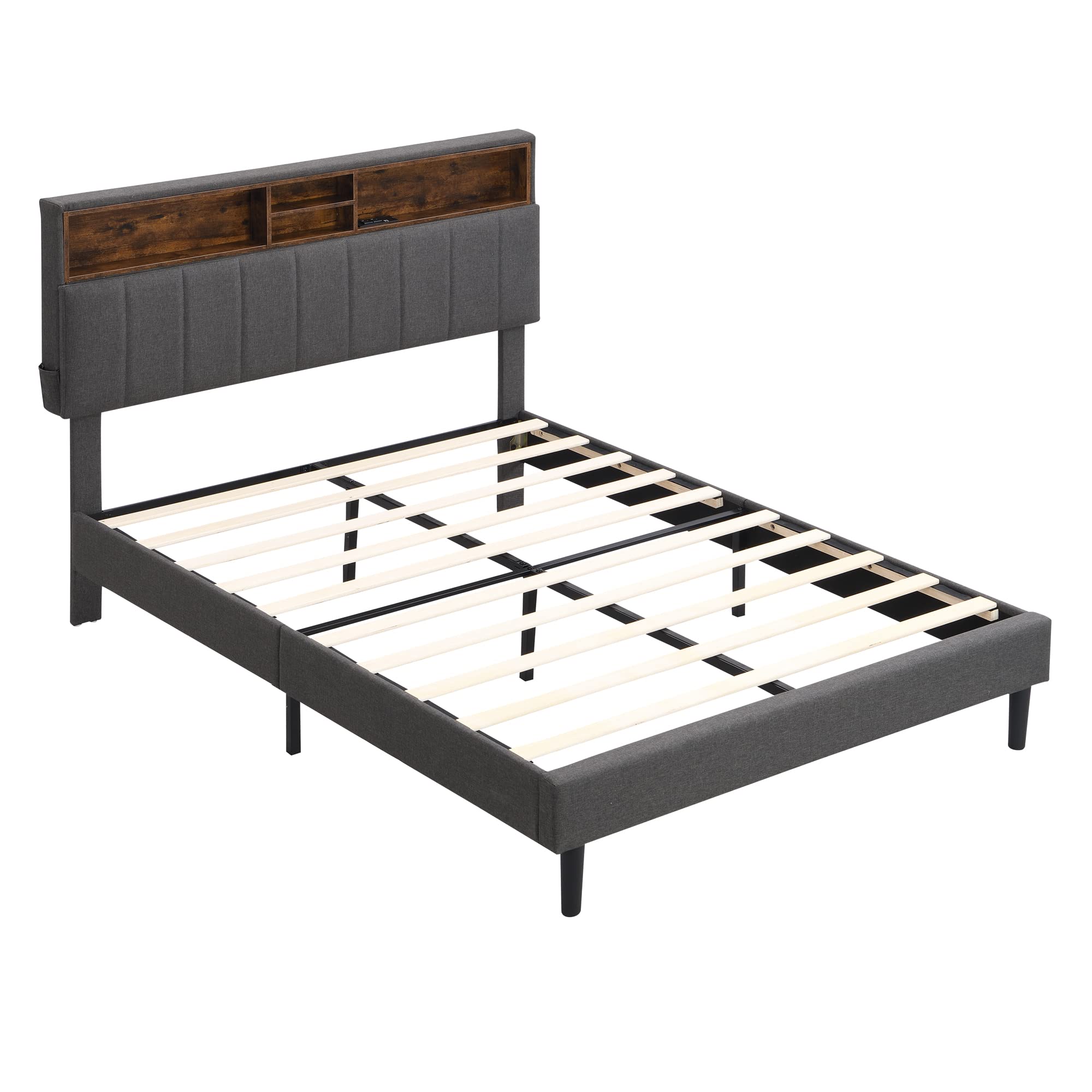 **Full Size LED Bed Frame with Headboard - Upholstered Platform Bed with Hidden Storage & USB Ports, Linen Fabric, No Box Spring Needed, Easy Assembly (Gray) - Perfect for Modern Bedrooms, Guest Rooms & Small Spaces**