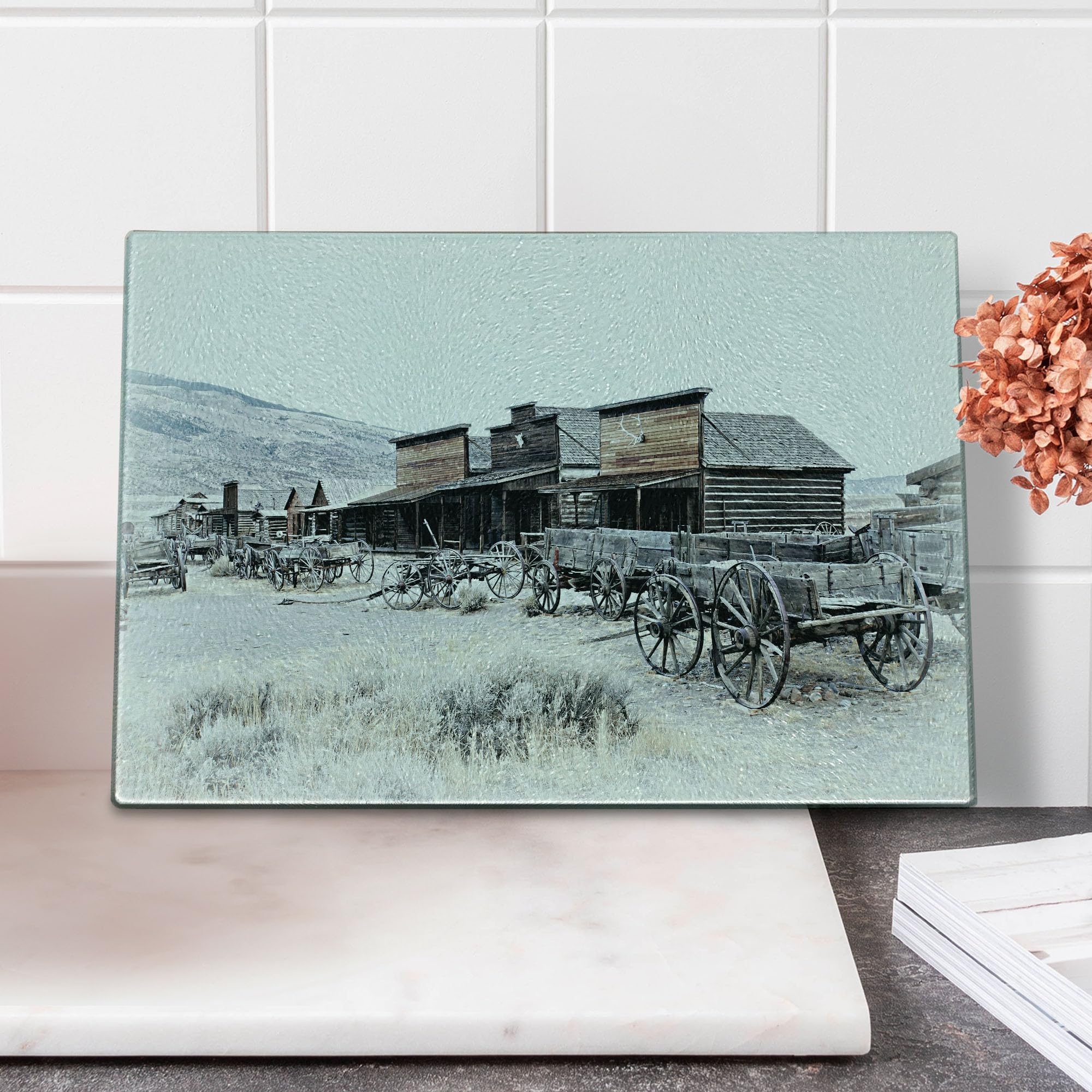 Ambesonne Western Themed Cutting Board - Vintage Wooden Wagons from 1920s Ghost Town with Wyoming Wheels Art Print - Brown & White Tempered Glass Serving Board for Kitchen & Dining - Perfect for Cheese Platters, Charcuterie & Home Decor