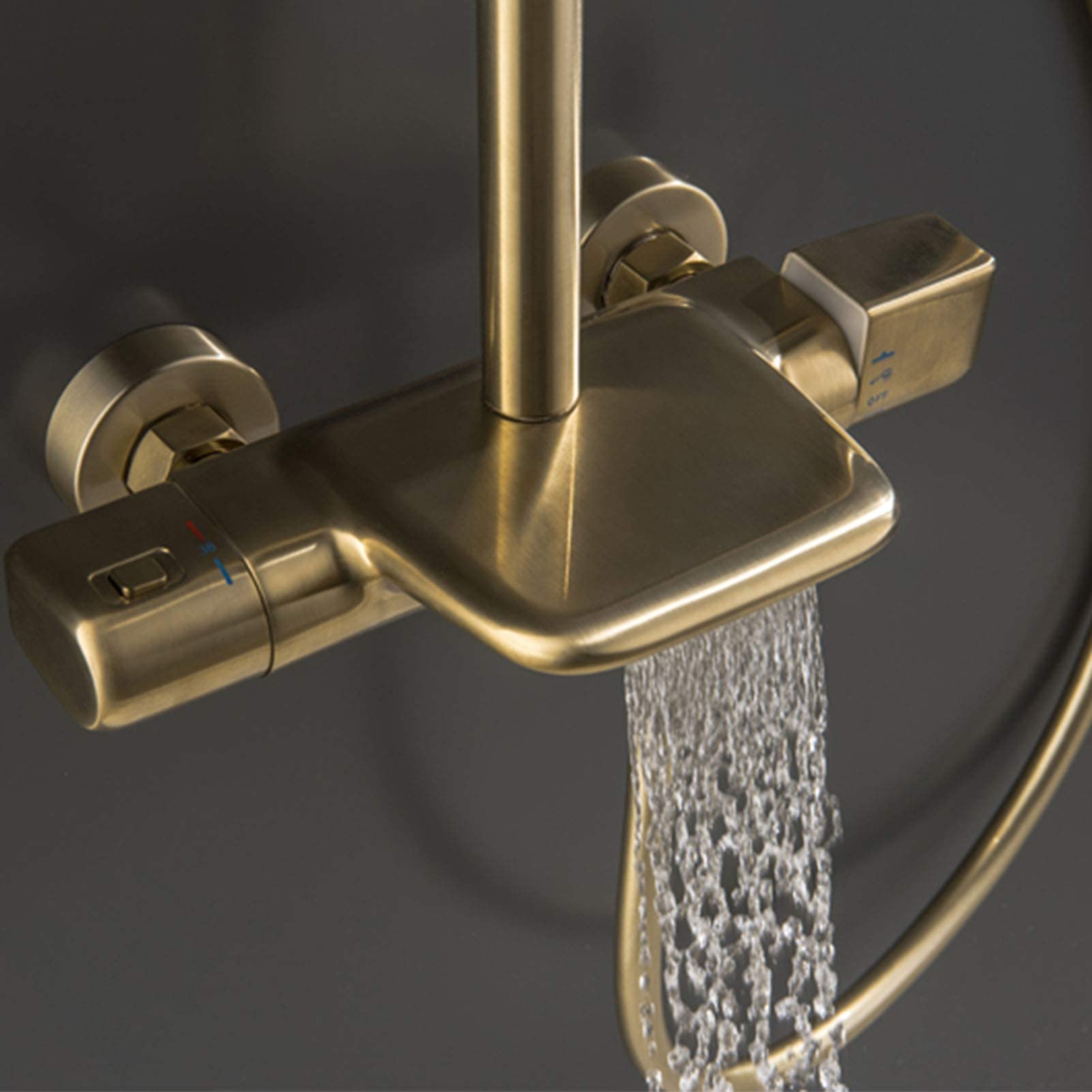 8 Inch Thermostatic Shower Faucet Set in Brushed Gold - Rainfall Shower Head & Hand Shower Combo, Wall-Mounted Waterfall Bathtub Faucet for Luxurious Spa-Like Bathroom Experience