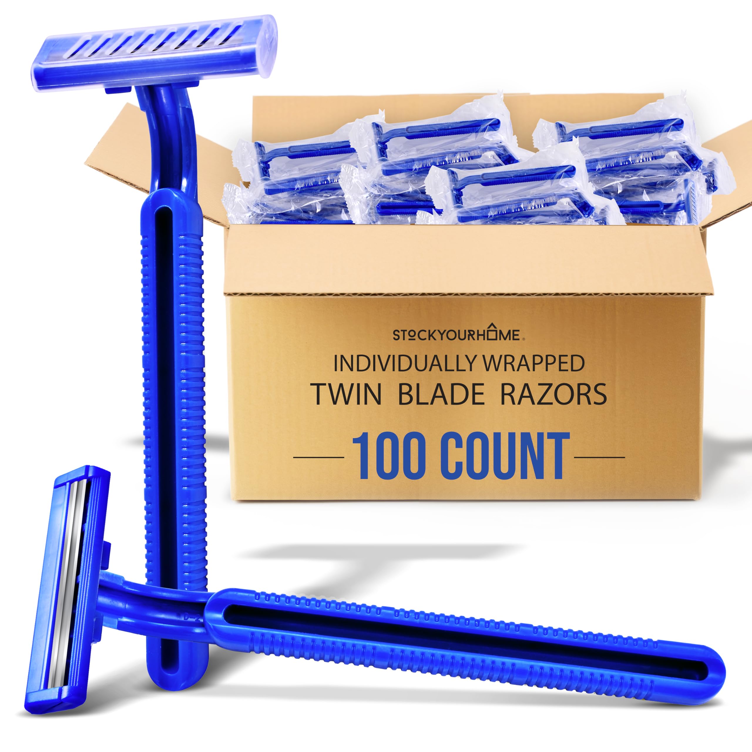 Bulk Disposable Razors 100 Pack - Twin Blade Razors for Men & Women, Individually Wrapped Shaving Razors for Travel, Tattoo Equipment, Care Packs, BnB Toiletries - Perfect for Home Use, Hotels, Grooming Kits & Emergency Shaving Needs