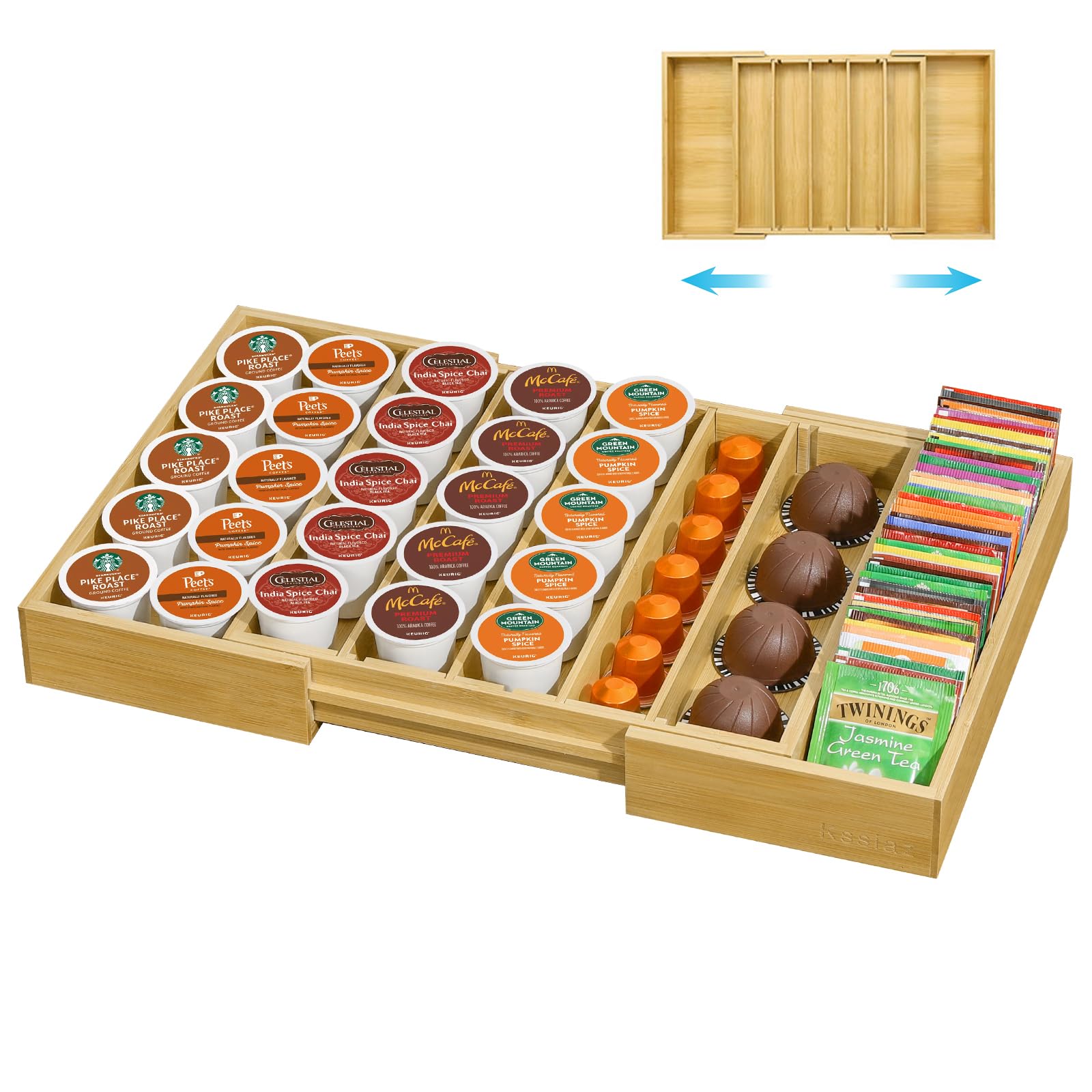 Bamboo Coffee Pod Holder Drawer Organizer - Compatible with Nespresso Vertuo & 25-45 K-Cups | Space-Saving Storage for Coffee Station, Home Office & Kitchen Counter | Perfect for Single-Serve Coffee Lovers & Capsule Organization