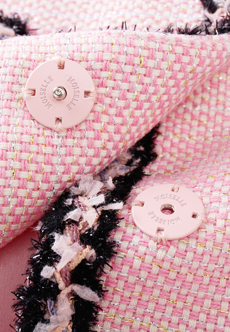 Stylish Black Trimmed Pink Tweed Jacket for Women - Elegant Blazer for Office, Dating & Special Occasions