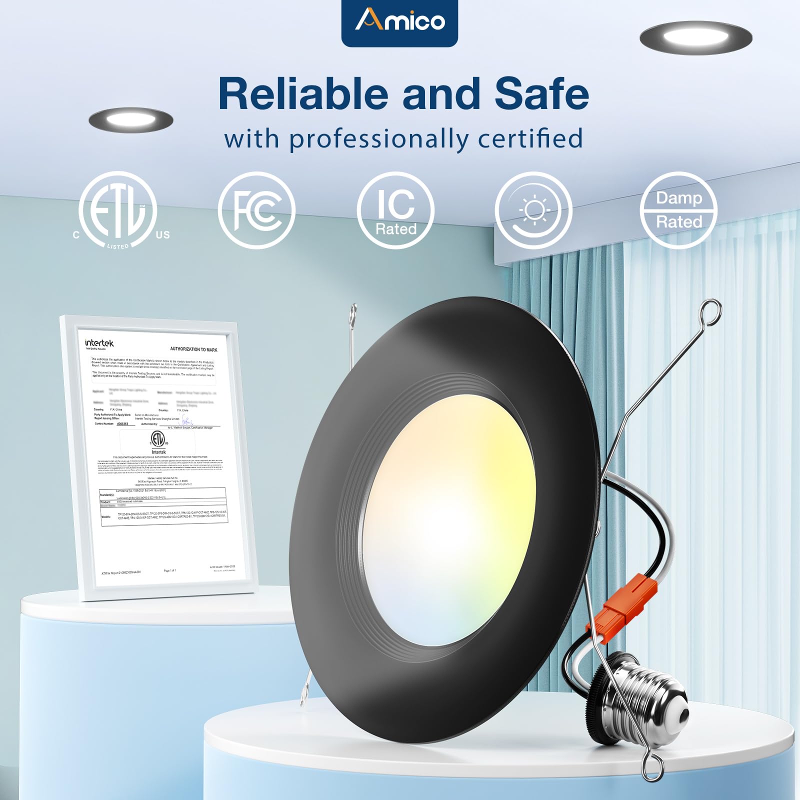 Amico 24 Pack 5/6 Inch 5CCT Dimmable LED Recessed Lights - 12.5W (100W Equivalent), 950LM, Selectable Color Temperature (2700K-6000K), IC Rated with Baffle Trim - ETL & FCC Certified - Perfect for Living Rooms, Kitchens, and Commercial Spaces