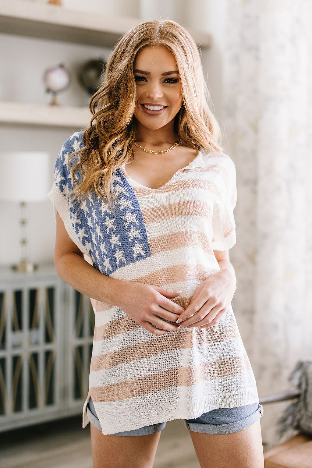 Old Glory Sleeveless Sweater for Women - Patriotic American Flag Knit Pullover - Summer Casual Wear, Outdoor Activities & 4th of July Celebrations