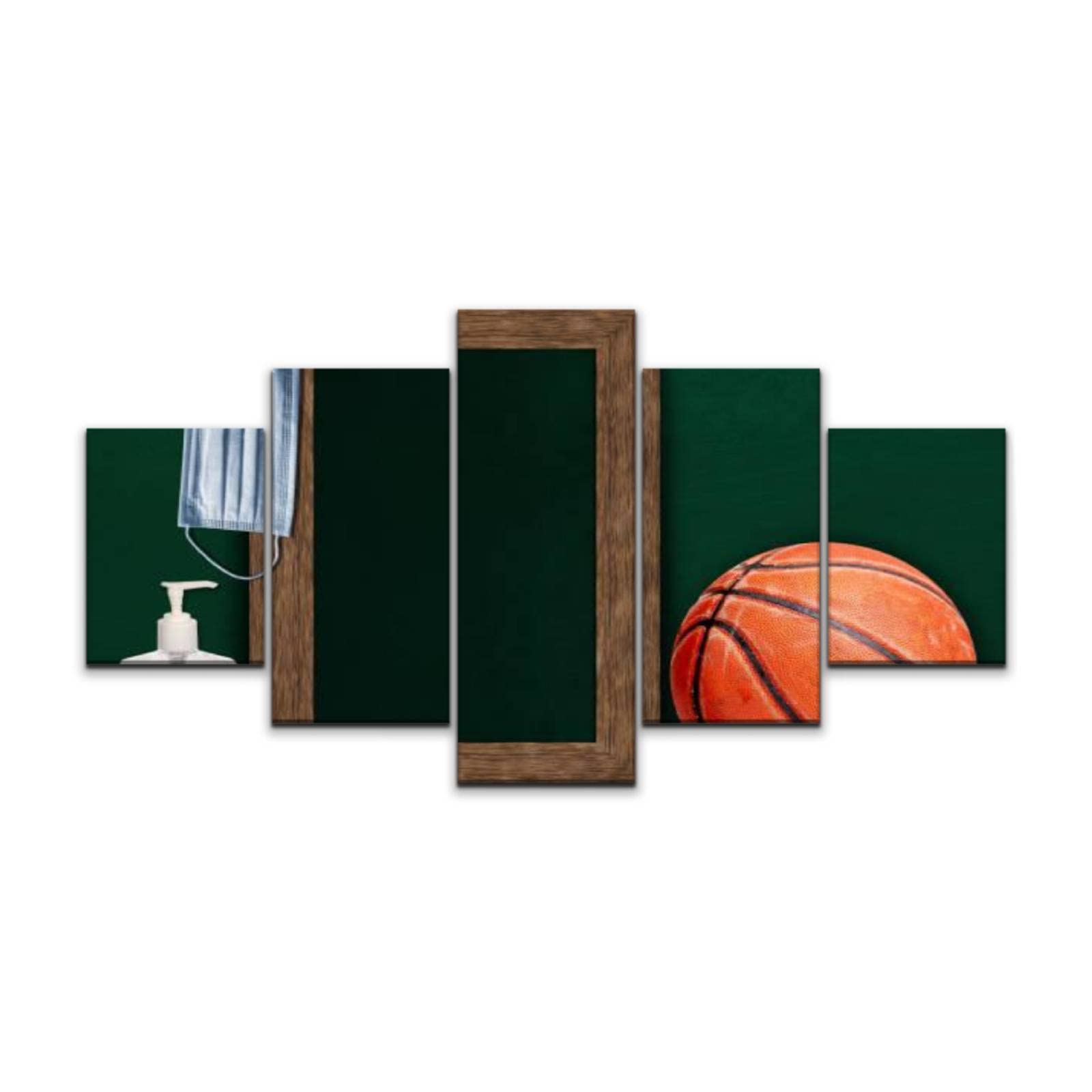 5-Panel Canvas Wall Art Prints - Modern Basketball Sports Theme with Frame, Chalkboard & Copy Space - Stretched & Framed Wall Painting for Living Room, Bedroom Decor - Ready to Hang - Perfect for Sports Fans & Game Room Themes