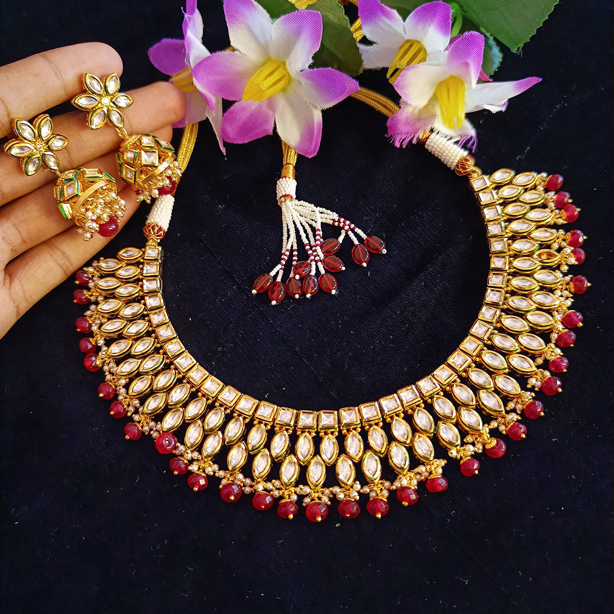 Exquisite Gold Plated Royal Kundan & Ruby Jewelry Set - Necklace & Earrings (D430) for Weddings, Parties & Special Occasions