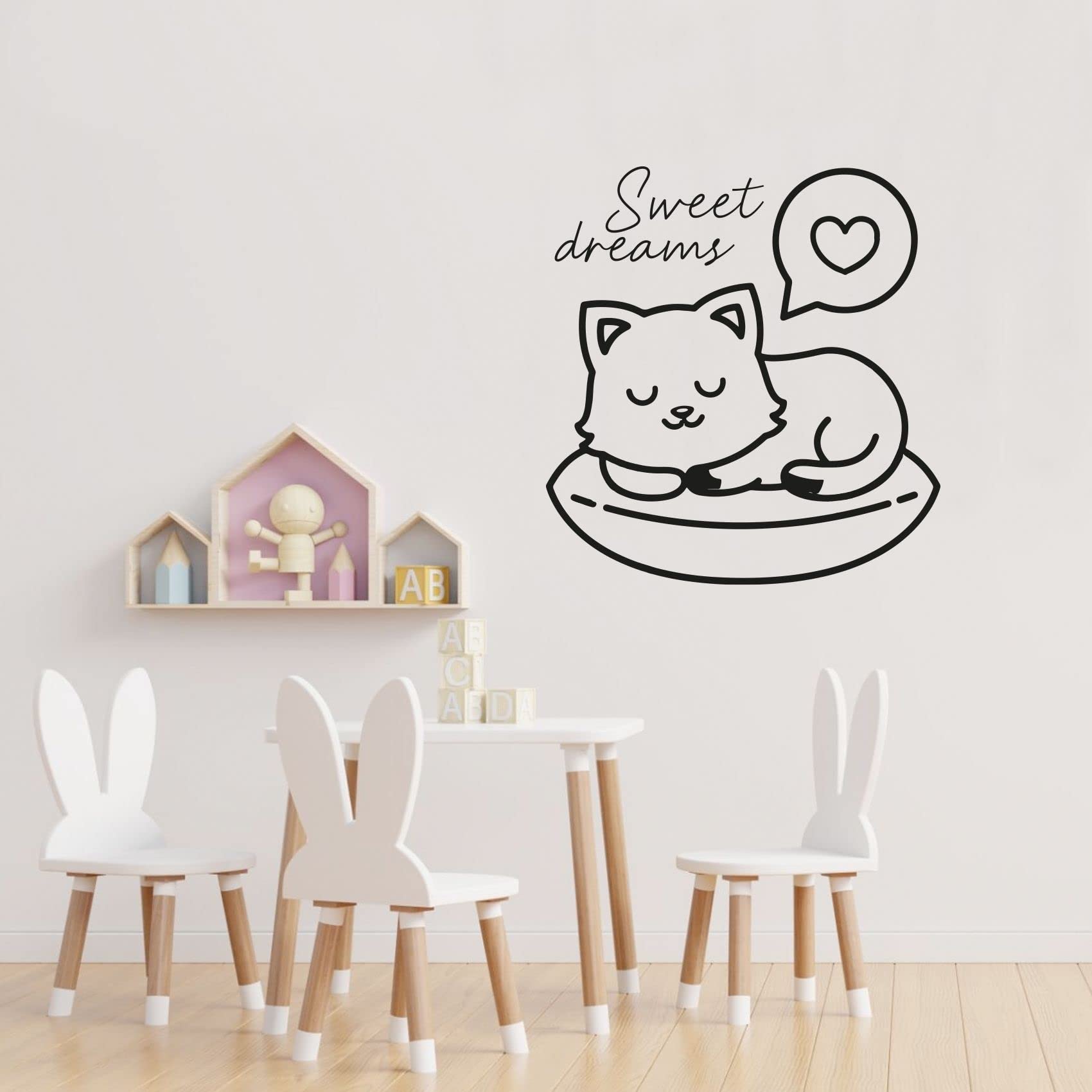 Sweet Dreams Good Night Quotes - Cute Kitten Sleeping Silhouette Vinyl Wall Sticker (30x22 inch) for Nursery, Kids Room & Bedroom Decor - Perfect for Baby Shower Gifts & Children's Bedtime Theme