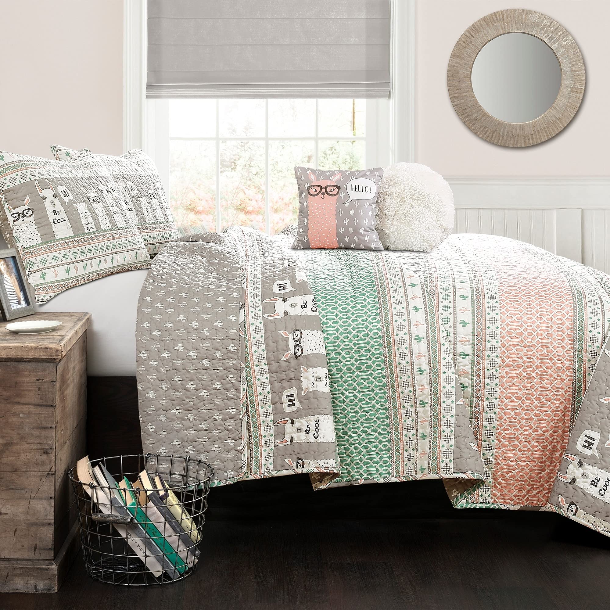 Lush Decor Navy Llama Striped 4-Piece Reversible Quilt Bedding Set for Twin Size Bed - Soft & Stylish Bedroom Decor for Kids, Teens & Guest Rooms