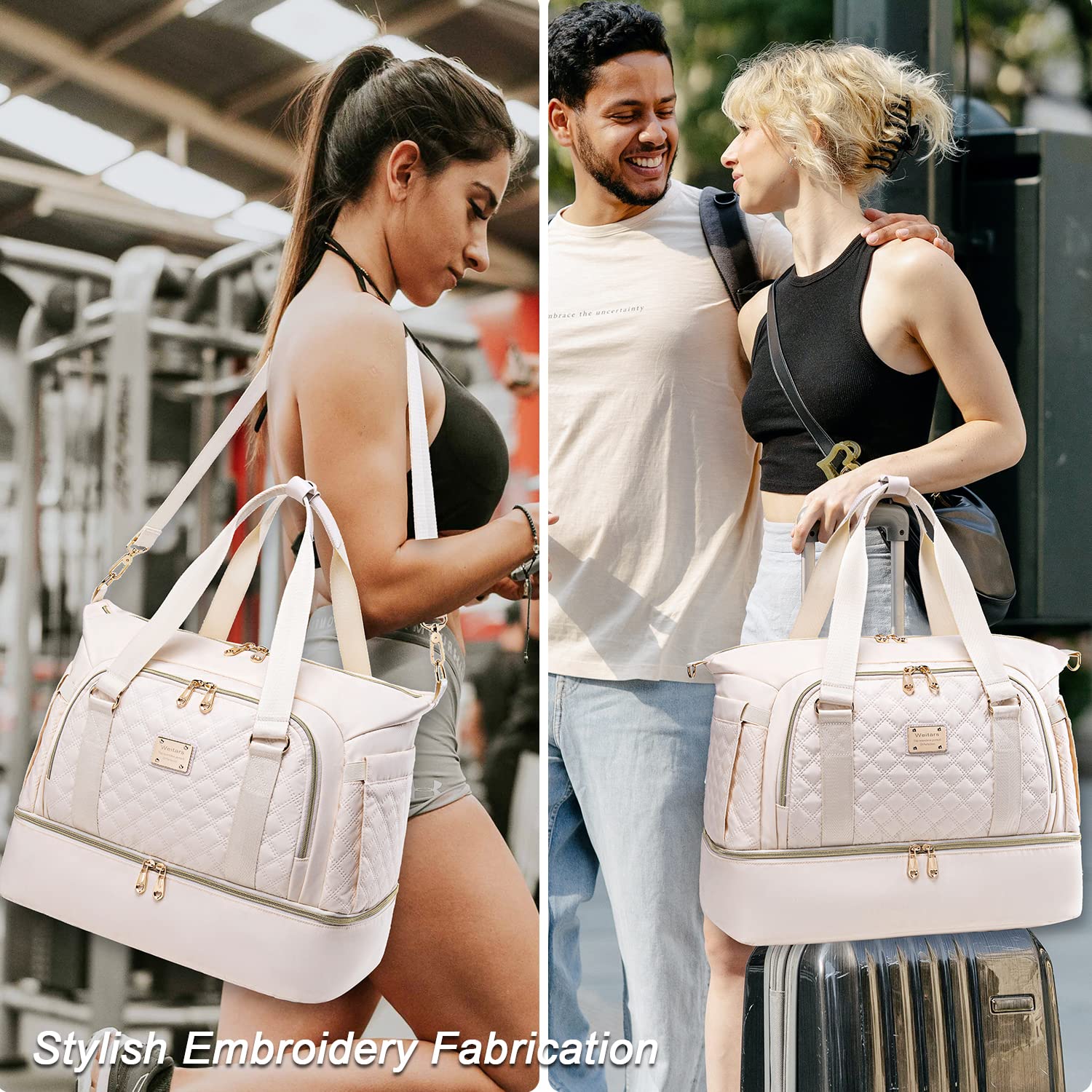 Weitars Women's Gym Bag - Large Travel Duffel Bag with Shoe Compartment & Wet Pocket - Perfect for Workout, Weekend Trips, Hospital Visits & Shopping (Beige) | Durable Carry On Bag for Sports, Travel & Daily Use