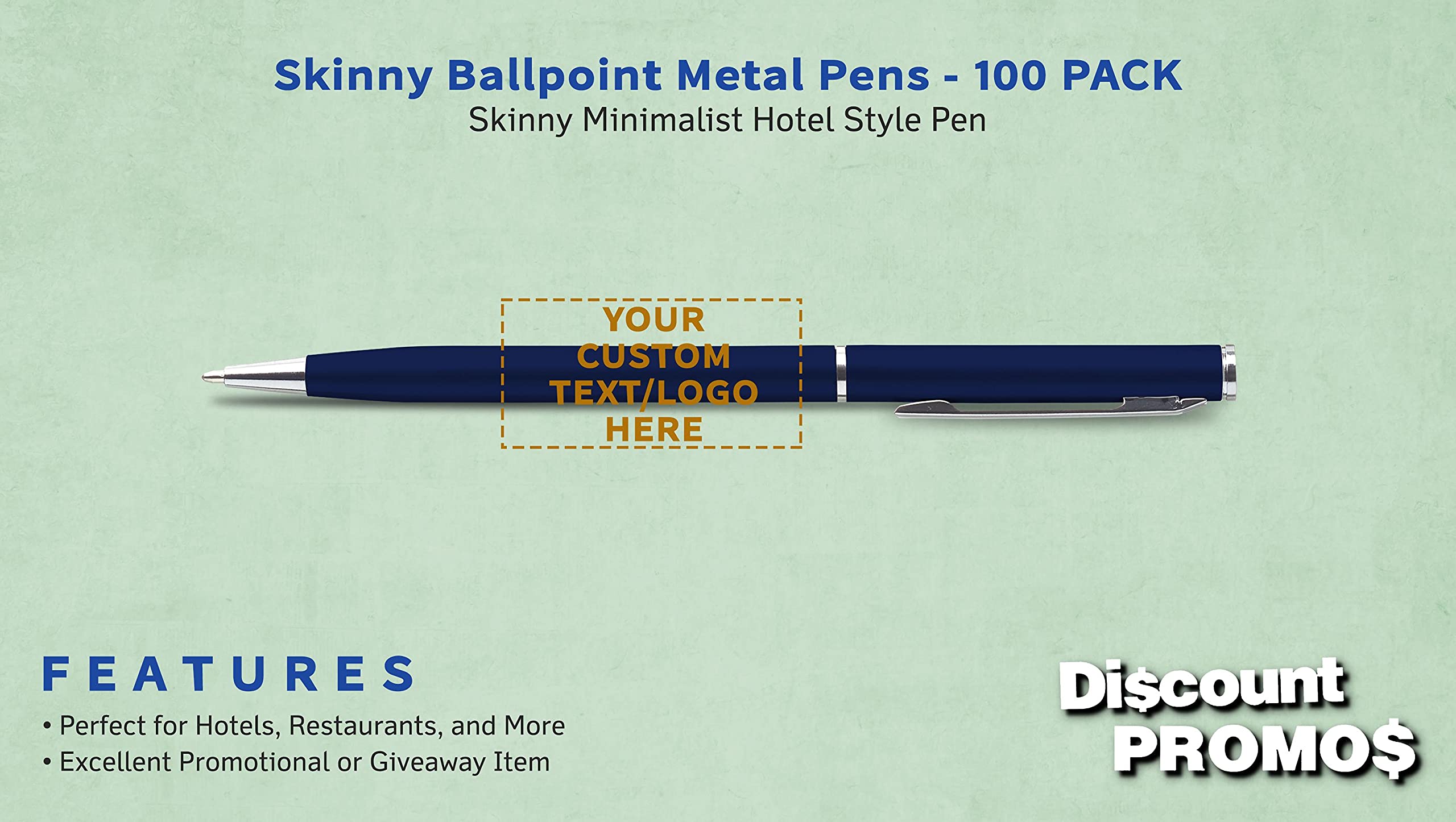 100 Pack Customizable Skinny Ballpoint Metal Pens - Personalized Text & Logo - Sleek Twist-Off Design with Black Ink (Blue Barrel) - Perfect for Office, School, Business Gifts & Promotional Events