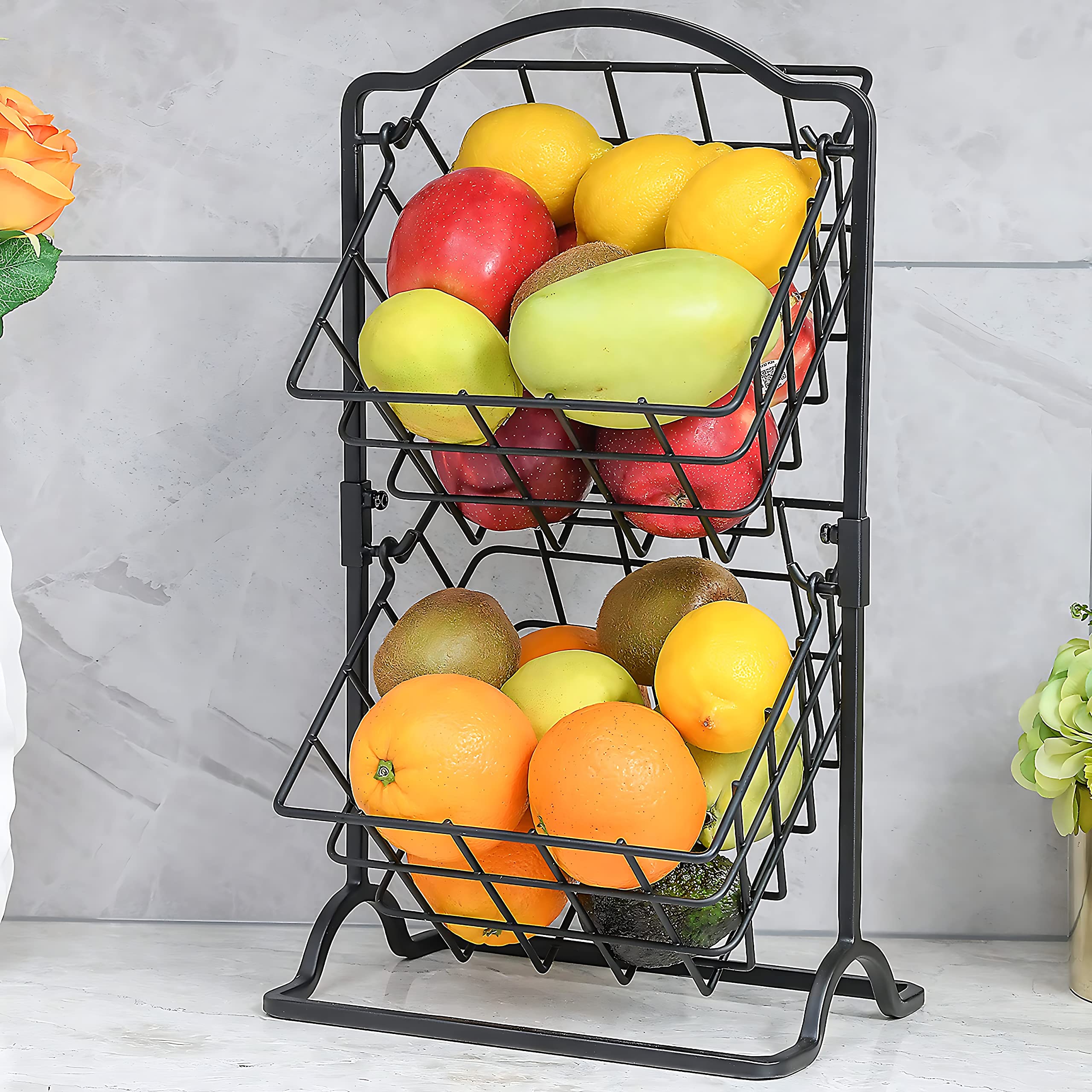 2-Tier Iron Fruit Basket for Kitchen Counter - Wire Hanging Storage Organizer for Fruits, Vegetables & Bread - Matte Black - Perfect for Pantry, Dining Table & Countertop Organization