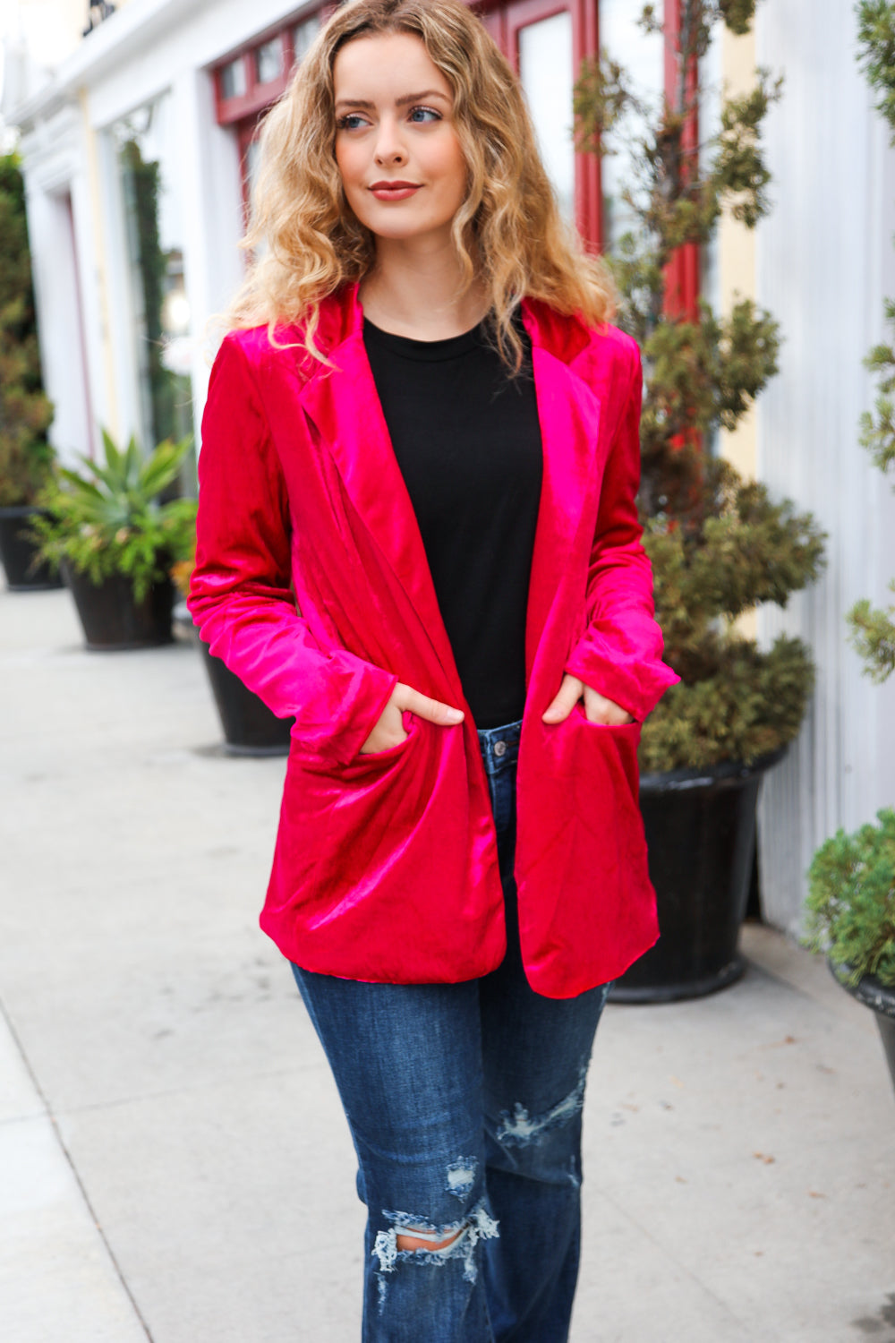 Elegant Magenta Velvet Blazer for Women - Stylish Lapel Jacket for Office, Parties & Special Occasions