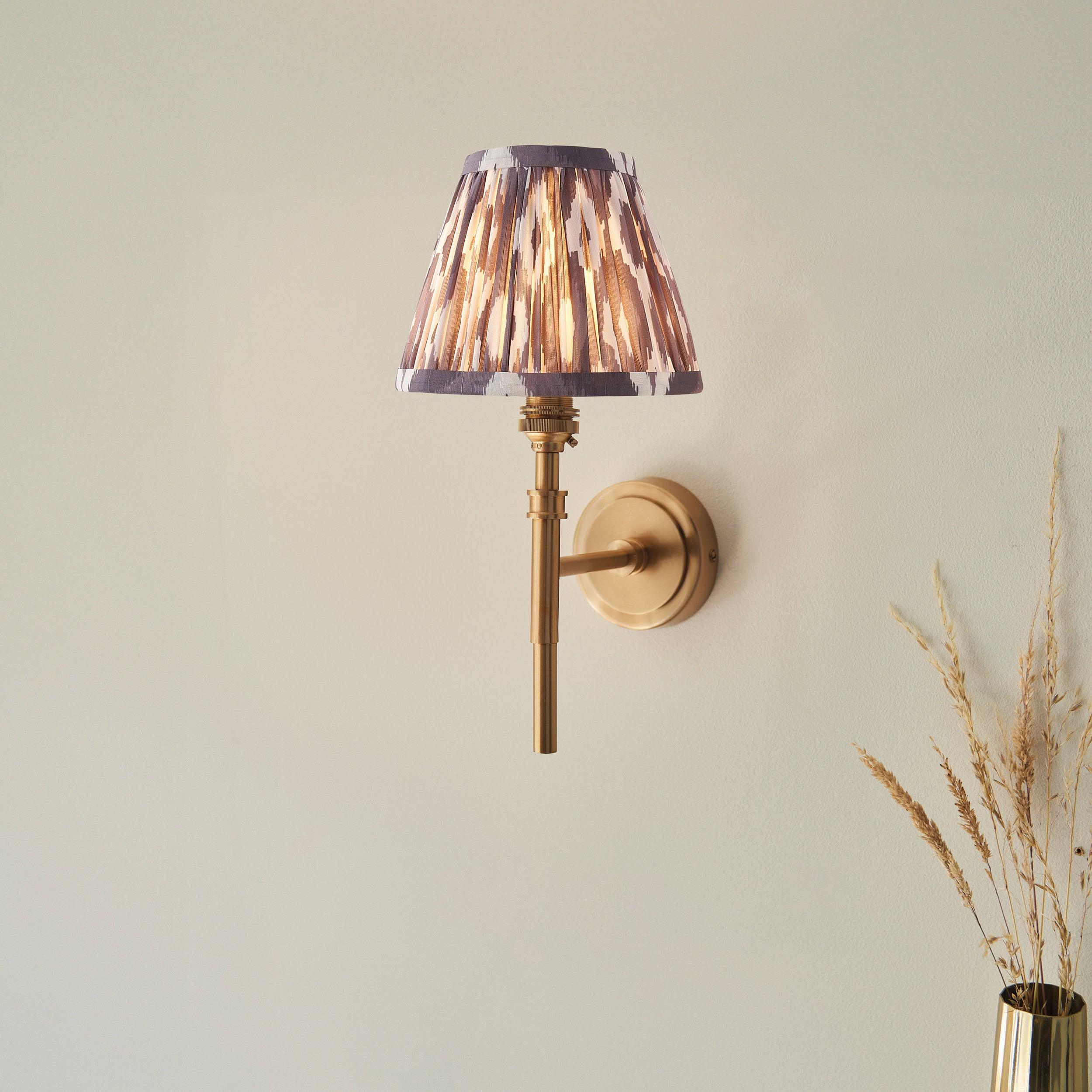 Chester Brass Wall Light with Pearl Ikat 16cm Shade - Vintage Style Sconce for Bedroom, Hallway & Living Room Lighting