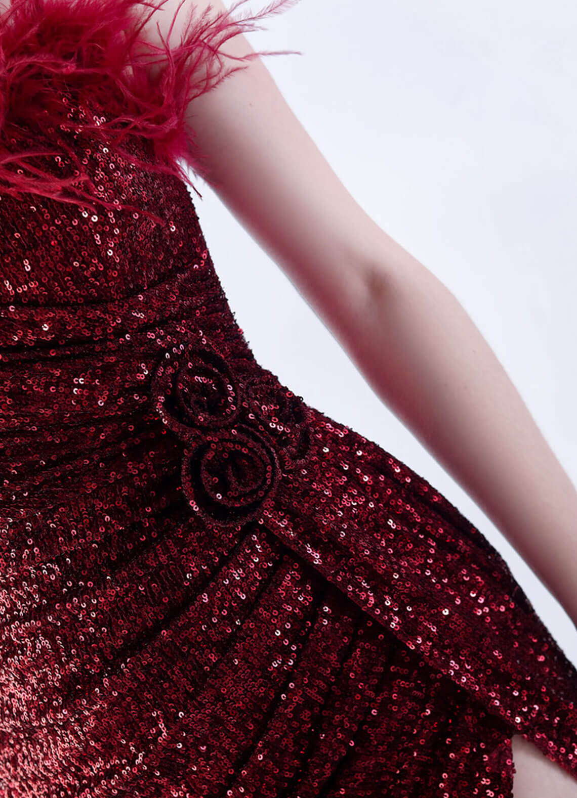 Burgundy Luxury Feather Sequin Maxi Formal Gown with Spaghetti Straps - Perfect for Evening Galas, Prom Dresses & Black Tie Events
