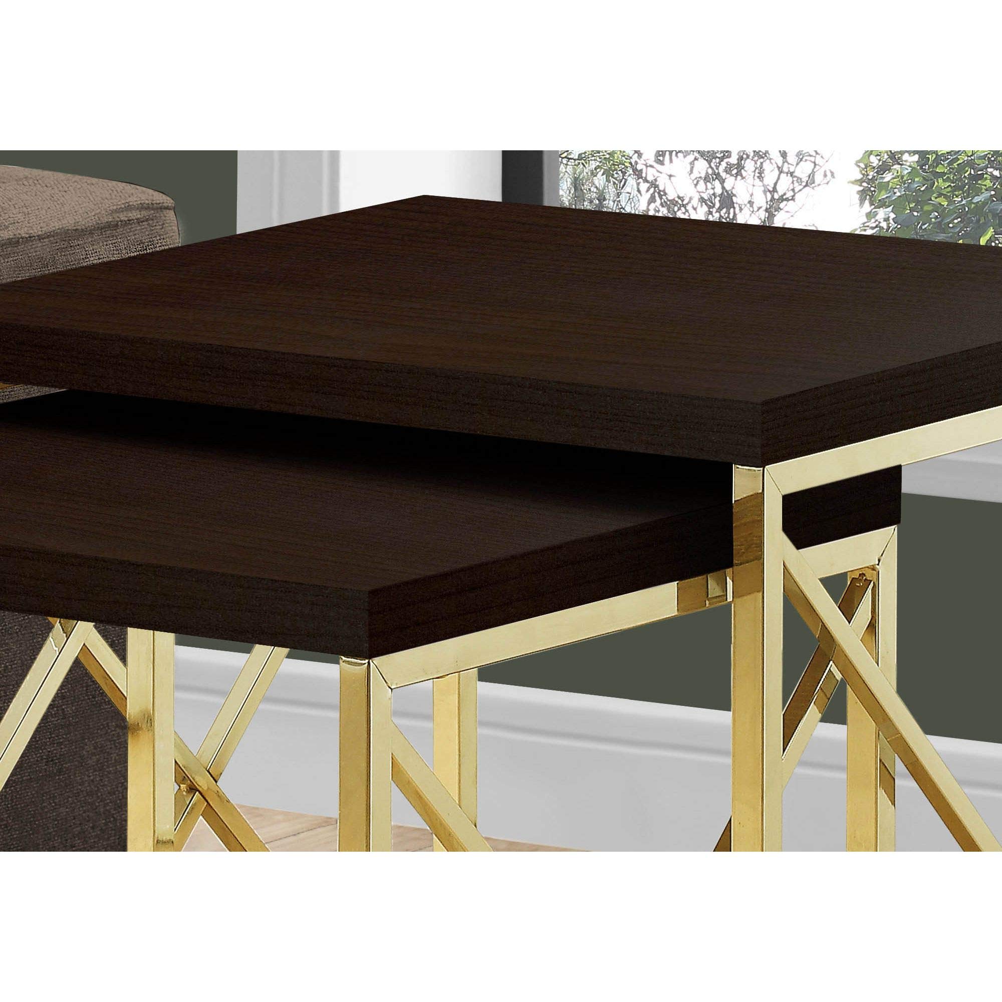 Offex Contemporary 2-Piece Square Nesting Coffee Tables with Gold Metal Frame - Cappuccino Finish | Perfect for Small Spaces, Living Room Decor & Modern Home Accent