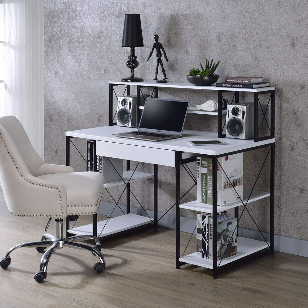 Modern White Computer Desk with Hutch & Drawer - 47