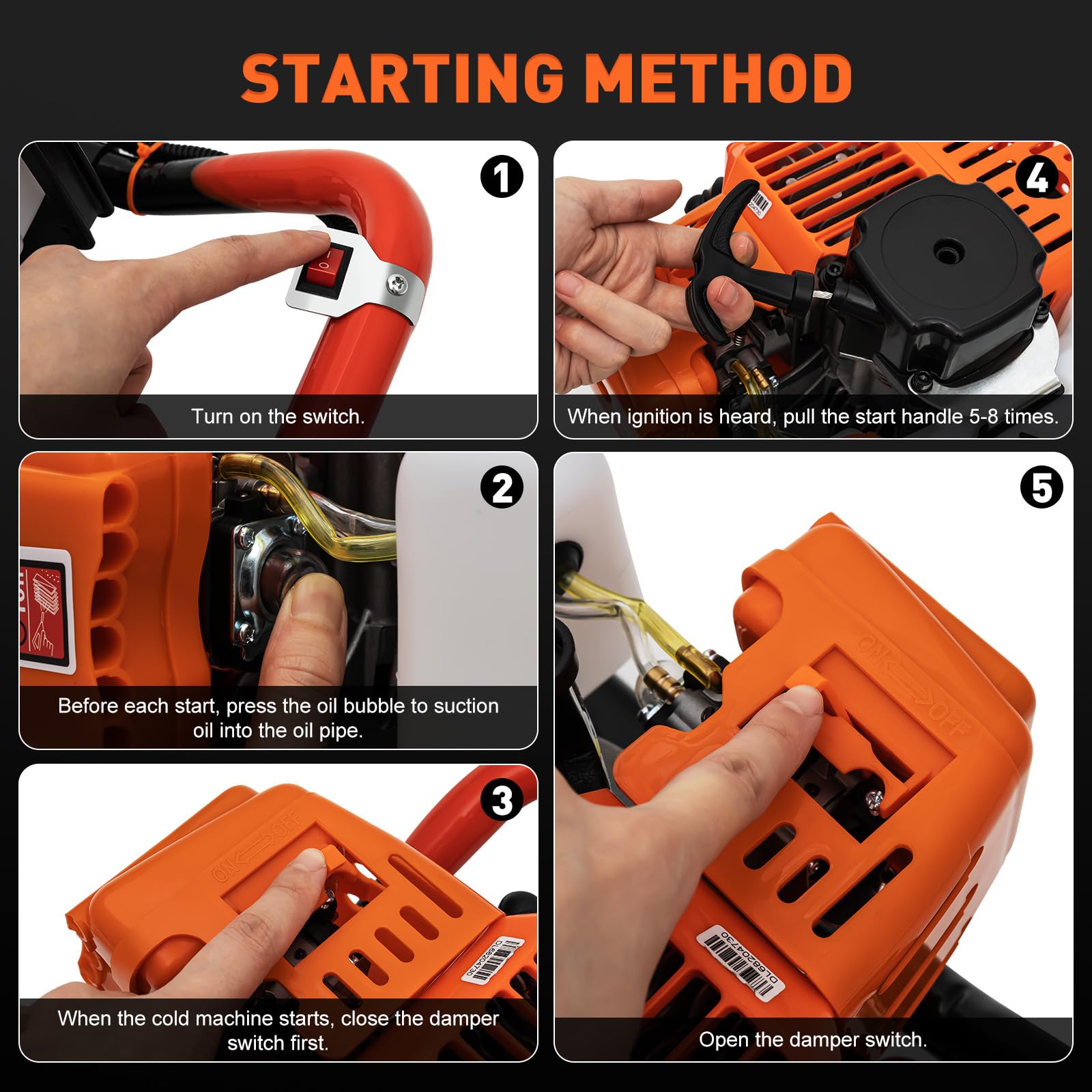 52CC Gas Post Hole Digger - 1.98HP 2-Stroke Engine with Air-Cooled Cylinder & 1.2L Fuel Tank - Includes 3 Drill Bits (4
