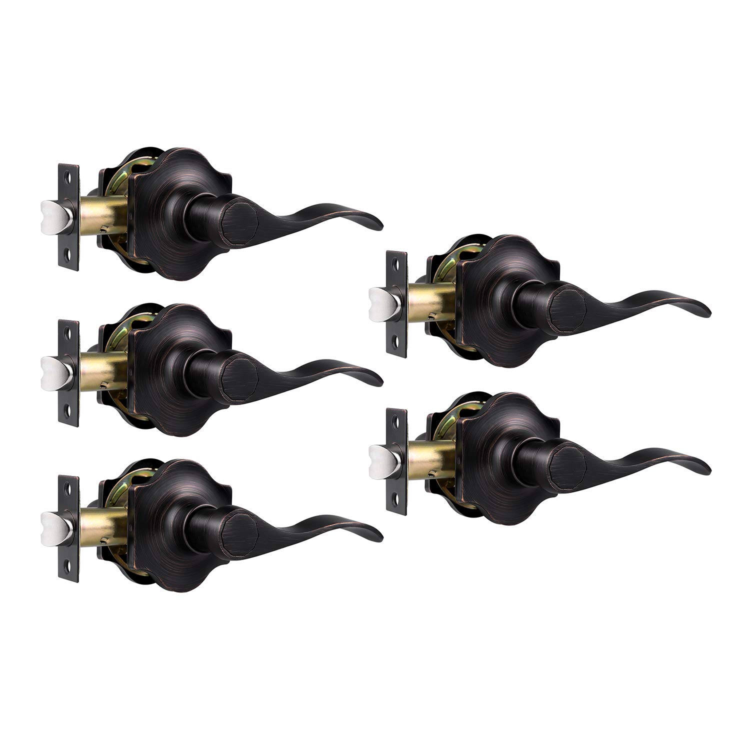 KNOBWELL 5-Pack Oil Rubbed Bronze Door Levers - Vintage Style Passage Door Handles for Hallway & Closet (Left/Right Handed, Drop Lever Shape, No Lock) - Perfect for Home, Office & Commercial Spaces