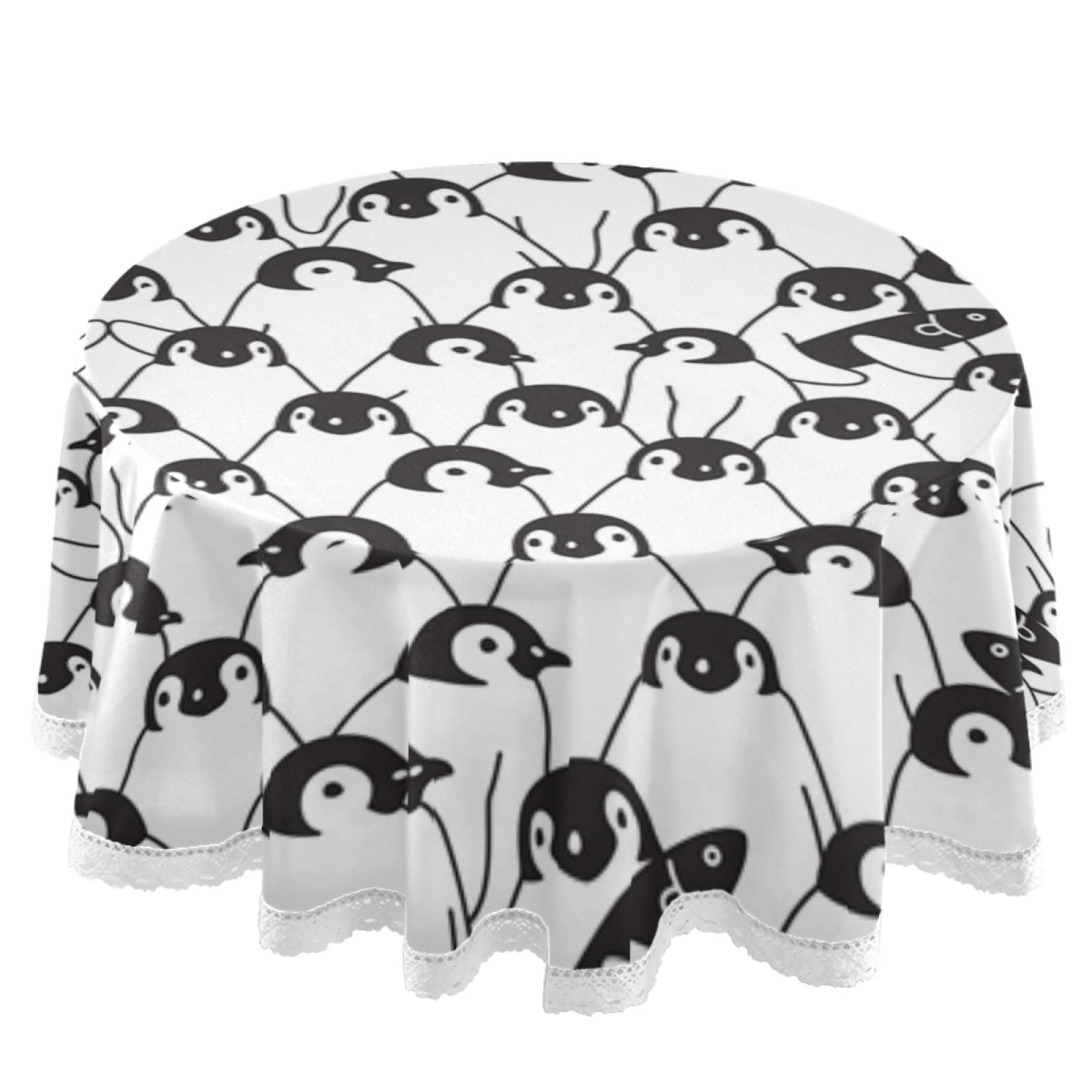 Winter Penguin Round Tablecloth - 60 Inch White & Black Animal Print Polyester with Lace Trim for Party, Dinner Table Decor | Perfect for Holiday Gatherings, Christmas Celebrations & Themed Events