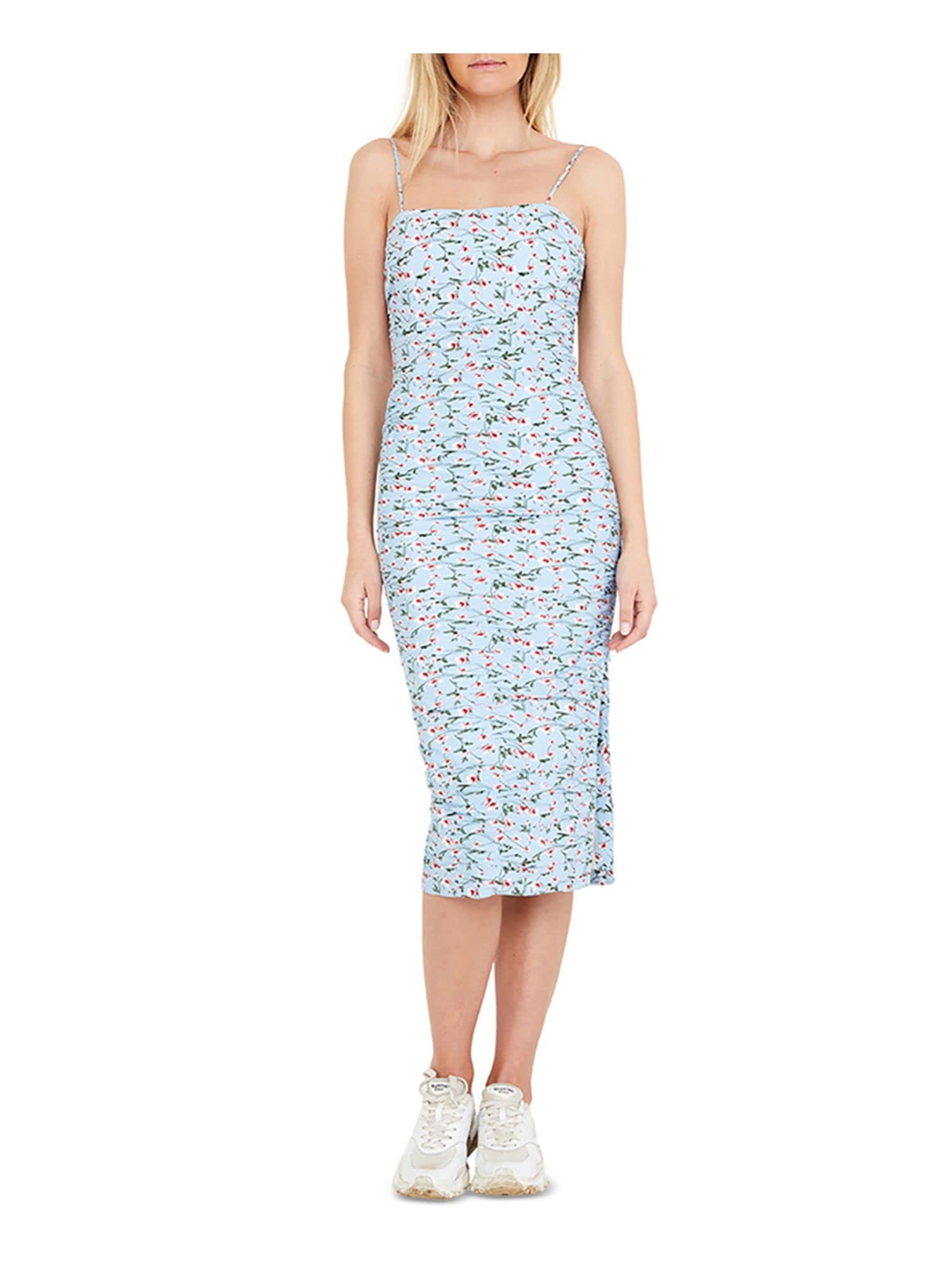 Bardot Rouched Floral Midi Dress - Women's Summer Boho Dress with Ruffles & V-Neck | Perfect for Beach Vacations, Date Nights & Garden Parties