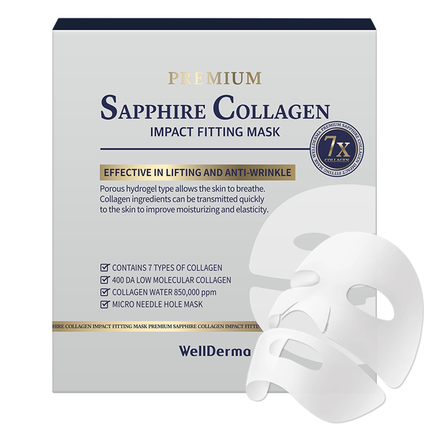 WELLDERMA Sapphire Premium Collagen Face Mask 8 Pack - Korean Hydrogel Sheet Mask for Dry & Rough Skin - Overnight Hydrating Mask with Niacinamide & Patented Porous Structure - Perfect for Nighttime Skincare Routine & Skin Rejuvenation