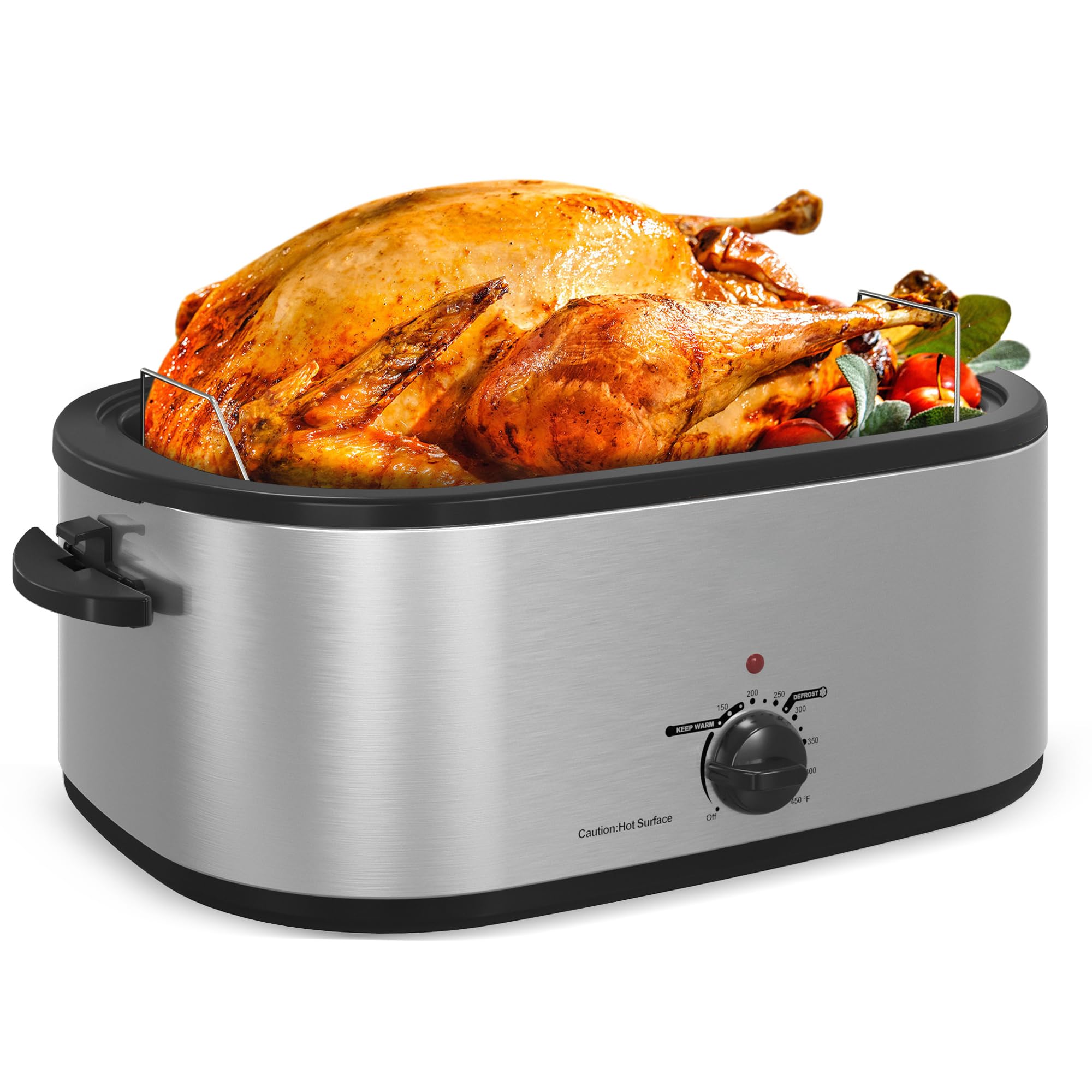 28 Quart Electric Roaster Oven with Self-Basting Glass Lid & Removable Rack - Large Stainless Steel Turkey Roaster Pan with Defrost & Warm Function - Fits 30LB Turkey - Perfect for Holiday Dinners, Family Gatherings & Catering Events