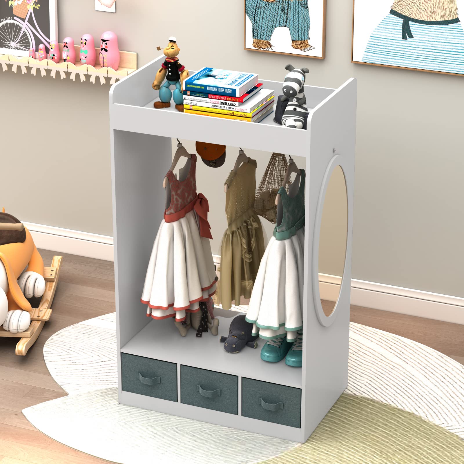 Kids Costume Organizer with Mirror & Storage Bin - Hanging Dress Up Closet for Pretend Play - White | Perfect for Bedroom, Playroom & Toy Storage Organization