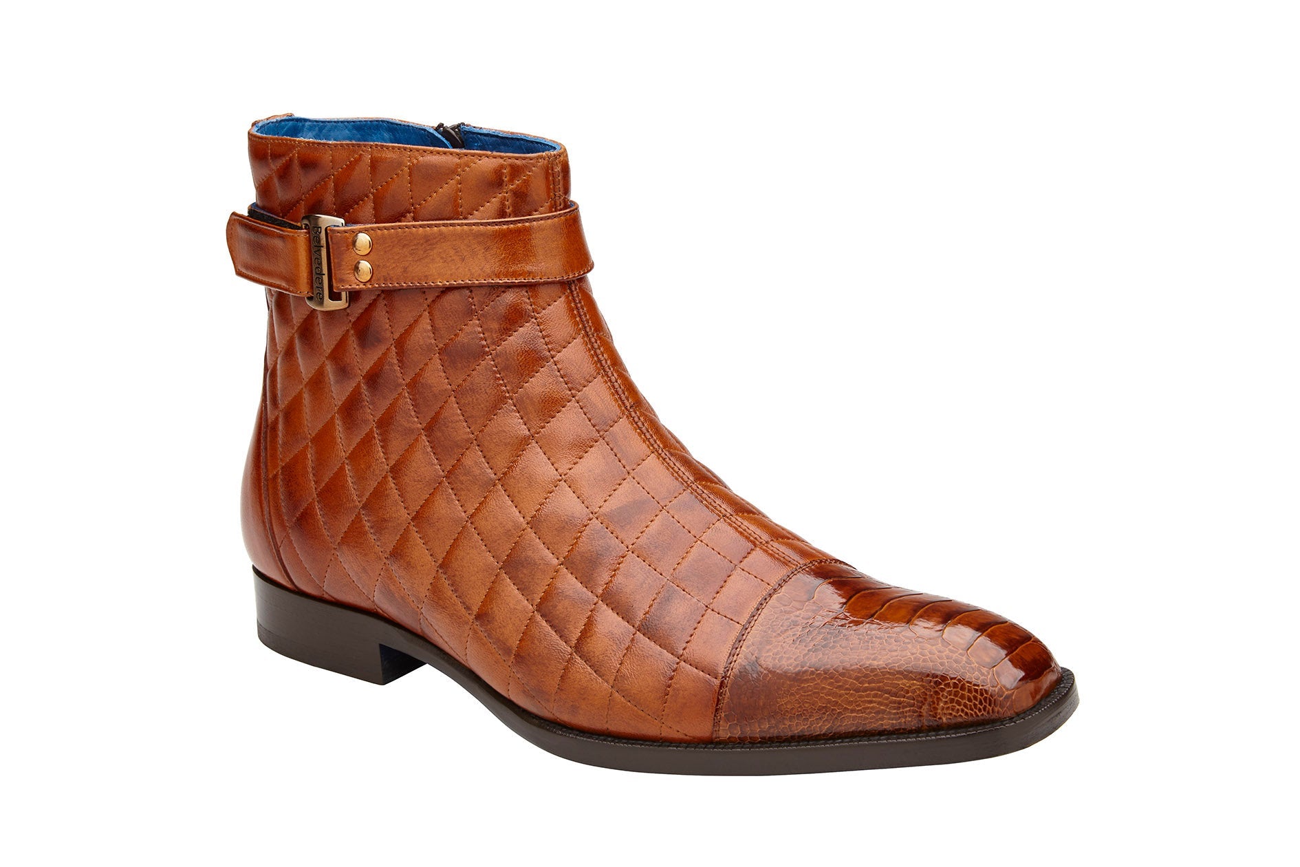 Belvedere Libero Genuine Ostrich Leg & Quilted Leather Boots - Antique Almond R80 - Stylish Cowboy Boots for Western Wear & Country Fashion