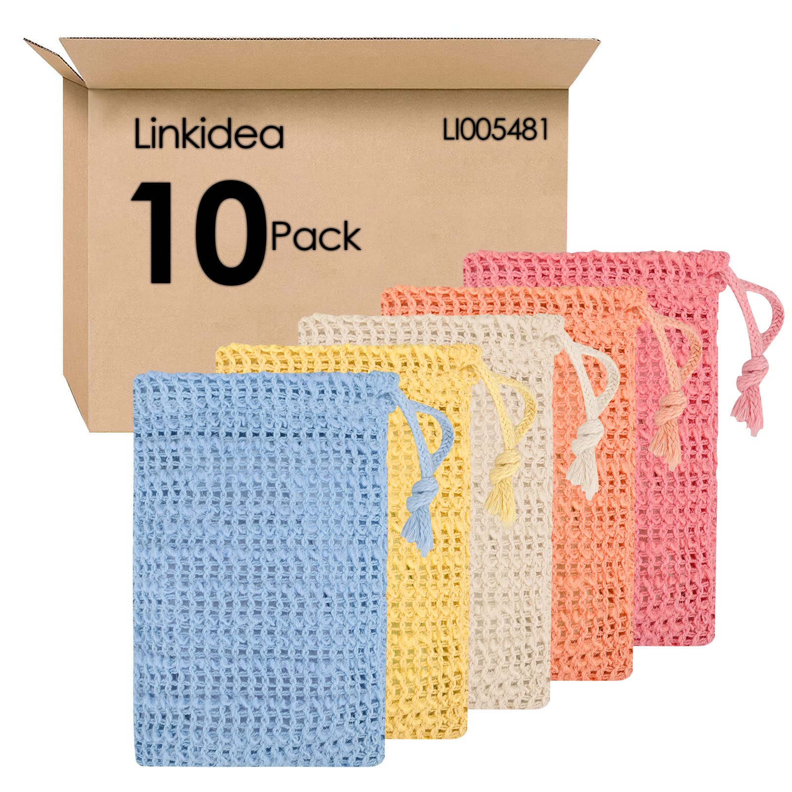 Linkidea 10-Pack Exfoliating Soap Bags - Bulk Flax Soap Savers with Drawstring, Body Scrubber & Soap Holder for Bath & Shower | Eco-Friendly Exfoliator for Gentle Skin Cleansing & Spa Experience