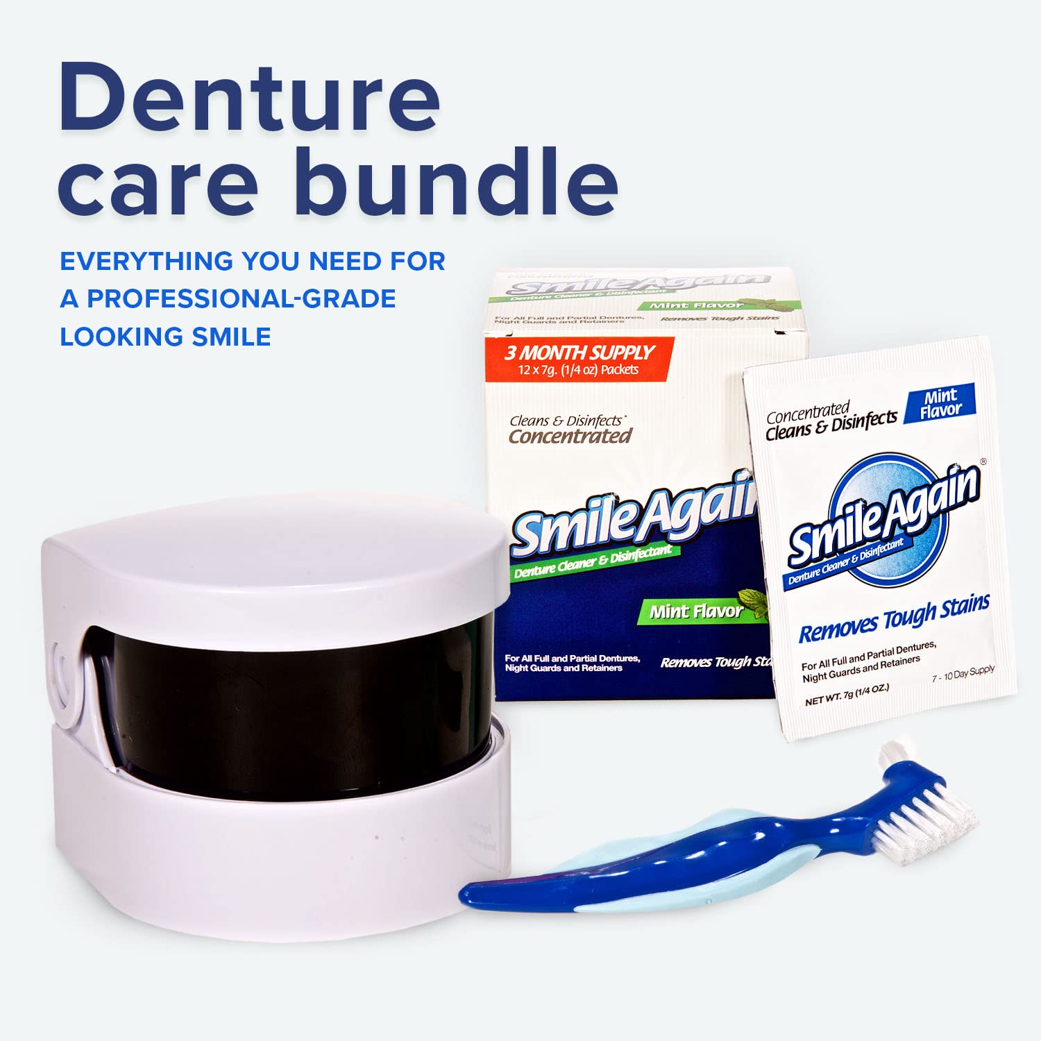 **Premium Denture & Retainer Care Kit – Ultrasonic Cleaner, Cleaning Solution, Brush & Guide – Pack of 3 | Ideal for Dentures, Aligners, Retainers & Oral Appliances**