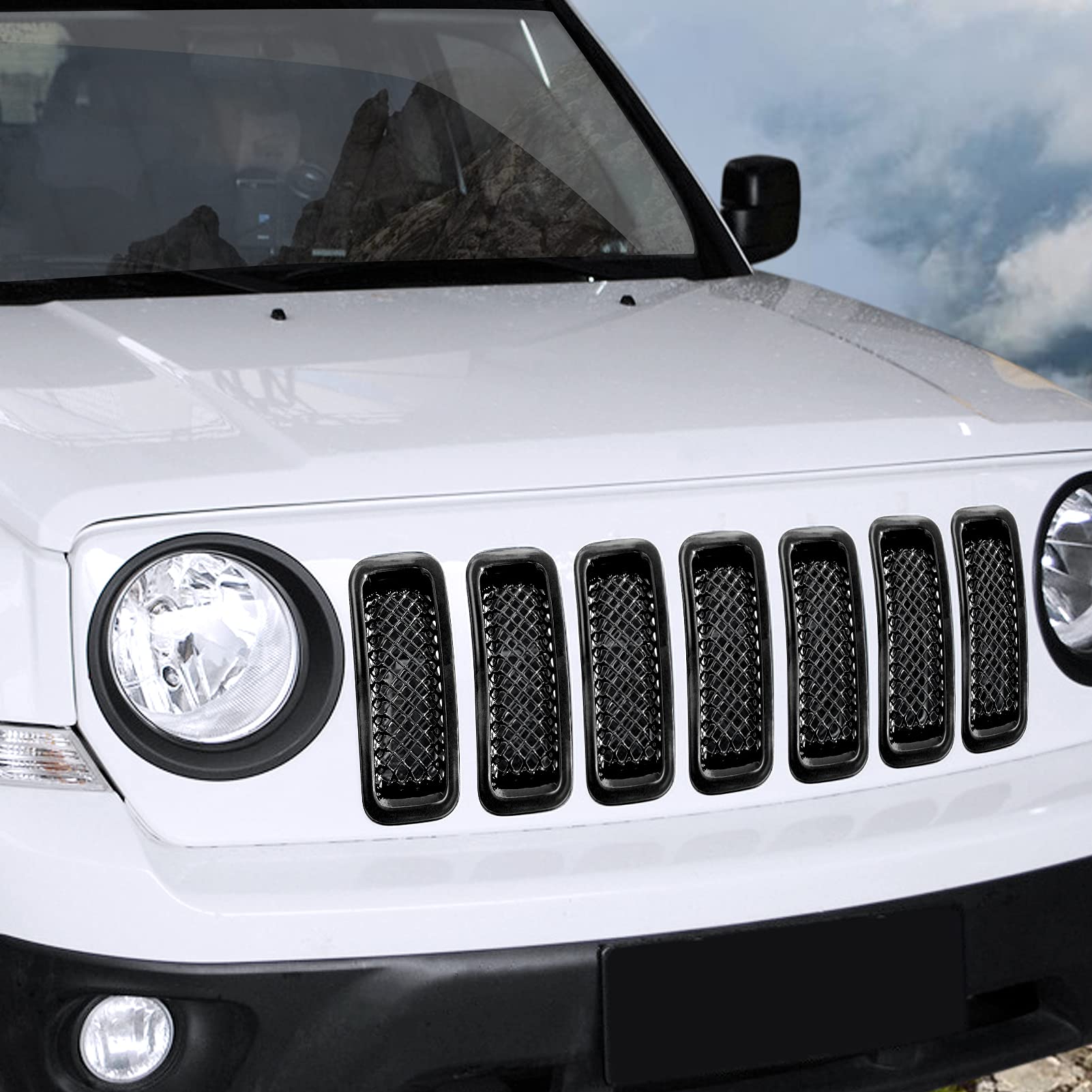 ABS Black 7-Piece Front Grill Mesh Inserts Cover Frame Trim Kit for 2011-2016 Jeep Patriot - Off-Road Style Upgrade & Improved Protection
