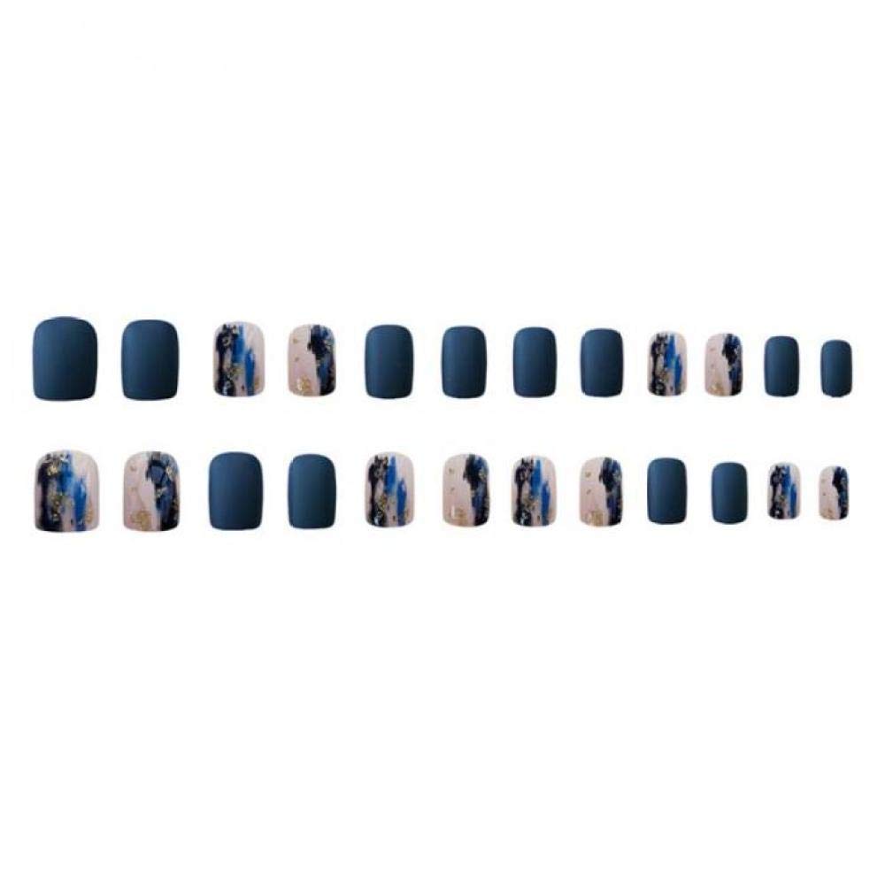 24pcs Blue Glitter False Nails with Sequins - Short Square Frosted Fake Nails Full Cover Press On Nails for Daily Wear & Party Occasions