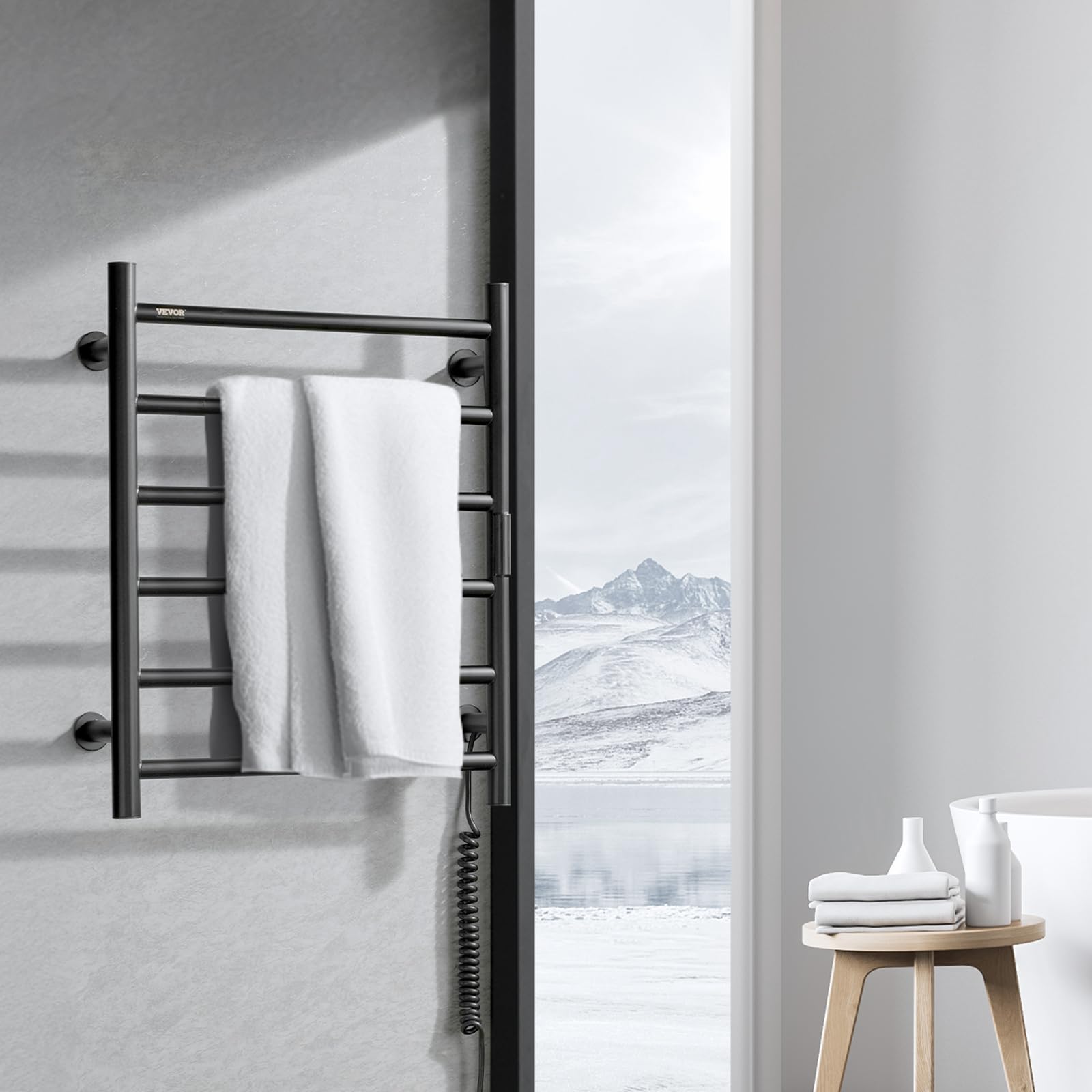 VEVOR 6-Bar Heated Towel Rack - Wall Mounted Bathroom Towel Warmer with Timer, LED Display & 5 Temperature Settings - IPX5 Waterproof Black Towel Heater for Spa, Luxury Hotels & Home Bathrooms