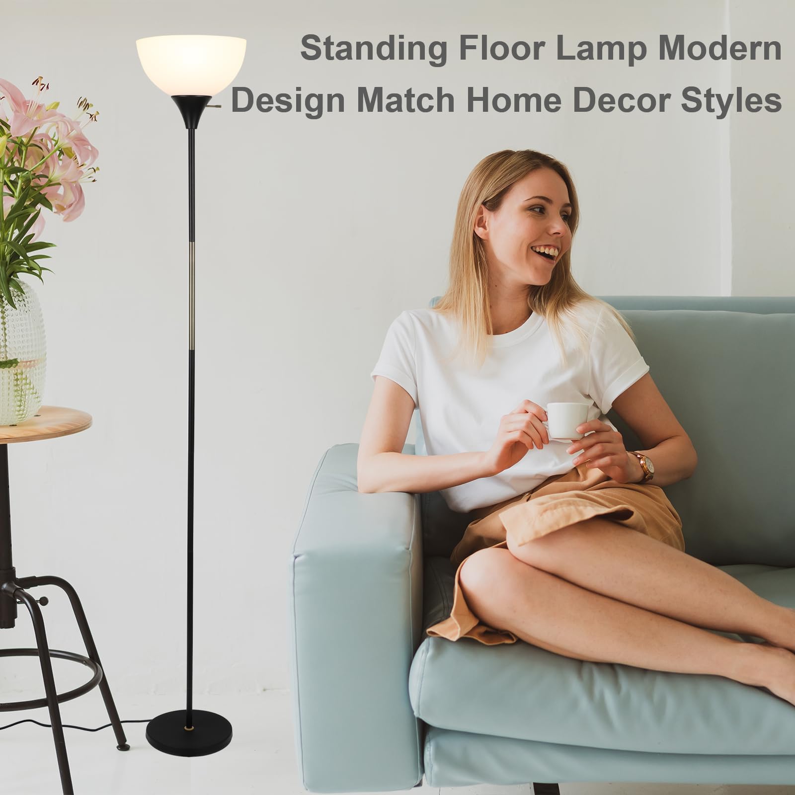 Modern Industrial LED Floor Lamp - Dimmable Standing Light with 3 Brightness Levels & Rotary Switch, Adjustable Shade for Living Room, Bedroom, Office & Dining Room - Black (Perfect for Reading, Working & Ambient Lighting)