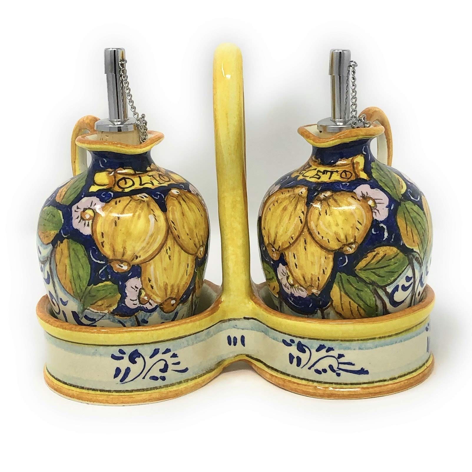 Italian Hand-Painted Ceramic Oil and Vinegar Cruet Set - Tuscan Art Pottery with Three Lemons Design | CERAMICHE D'ARTE PARRINI | Made in Italy | Perfect for Kitchen, Dining Table & Gift Giving