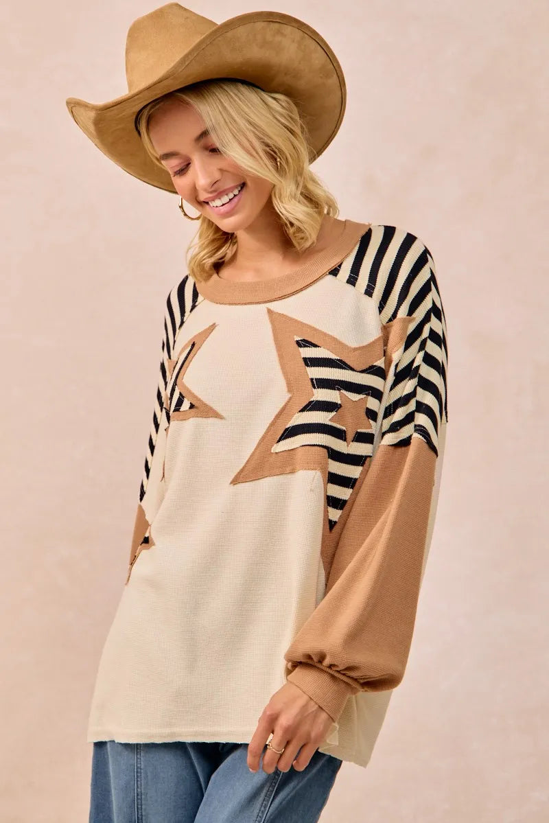 BiBi Star Patchwork Mixed Long Sleeve Top for Women - Stylish Boho Chic Blouse for Casual Wear, Date Night & Office Outfits