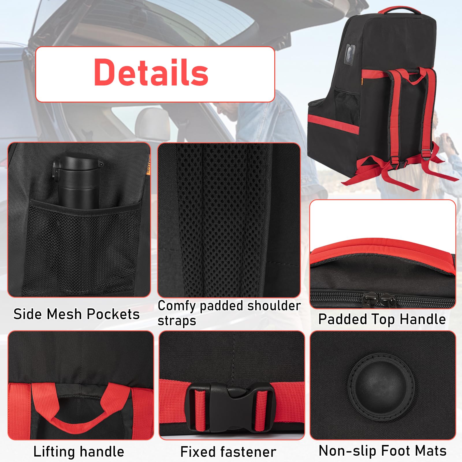Heavy Duty Car Seat Travel Bag for Airplane Gate Check - Black & Red Car Seat Backpack with Adjustable Shoulder Strap | Perfect for Air Travel, Road Trips & Baby Gear Storage