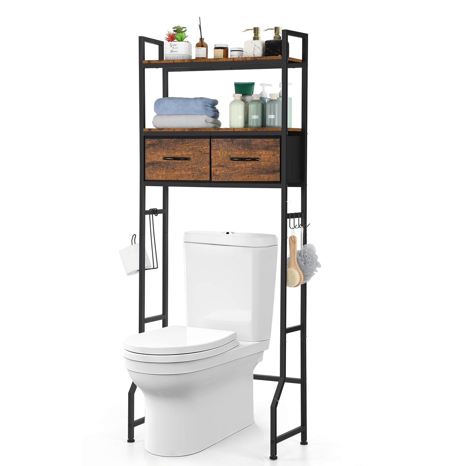 YBING Over The Toilet Bathroom Storage Cabinet - Freestanding Tall Bathroom Shelf Organizer with Fabric Drawer & Toilet Paper Holder - Space Saving Brown Bathroom Organizer for Small Bathrooms, Apartments & Dorm Rooms
