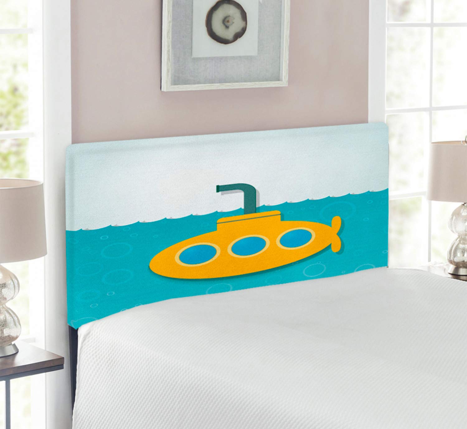 Ambesonne Yellow Submarine Upholstered Headboard - Twin Size, Memory Foam Bed Headboard with Underwater Submarine & Bubbles Design in Earth Yellow & Pale Blue - Perfect for Kids' Bedrooms, Nautical Themed Decor & Cozy Bedroom Makeovers
