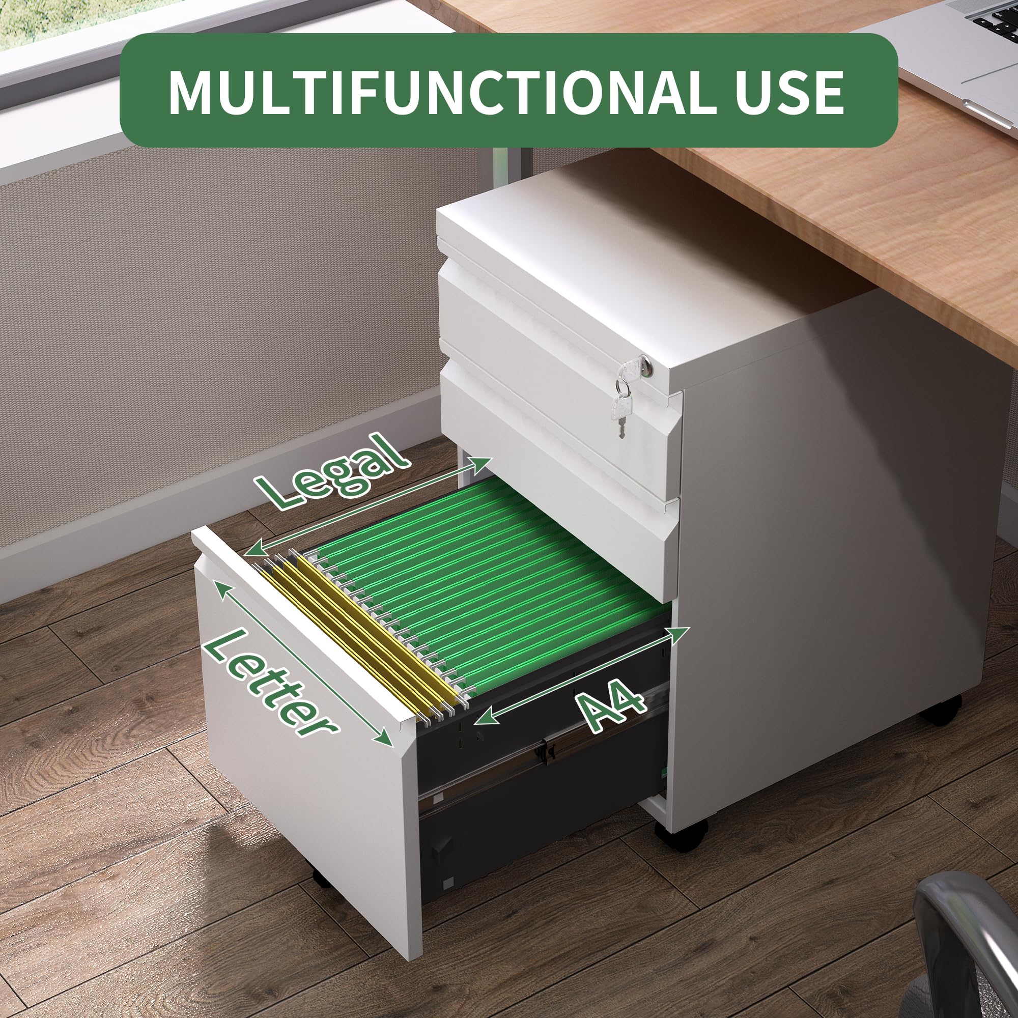 3 Drawer Mobile File Cabinet with Lock & Wheels - Metal Under Desk Rolling Storage for Legal/Letter Hanging Folders - Fully Assembled White Office Organizer for Home, Business & School Use