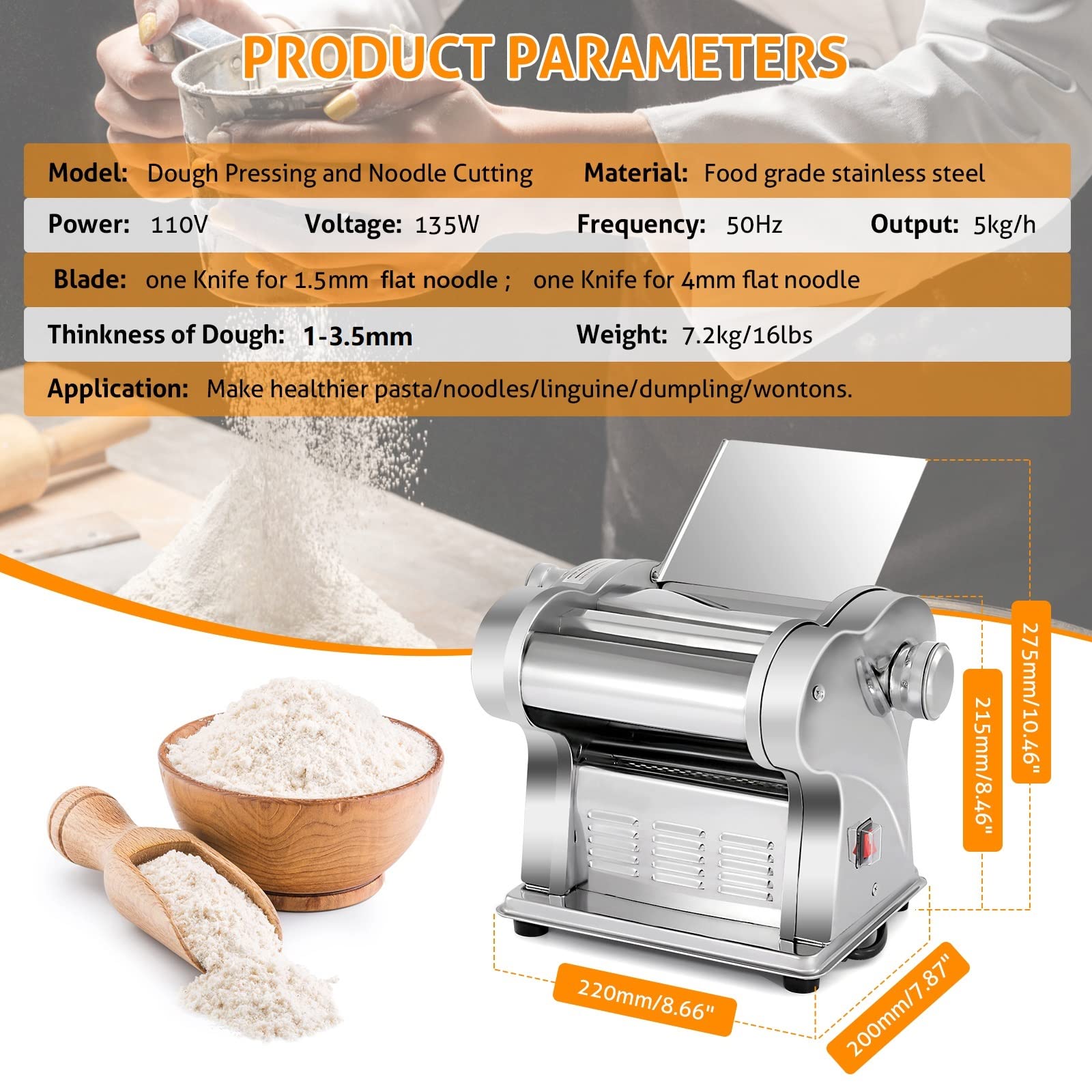 WICHEMI Electric Pasta Maker Machine - 135W Stainless Steel Pasta Dough Roller & Noodle Press for Spaghetti, Fettuccine | Includes 1.5mm & 4mm Flat Noodle Attachments | Perfect for Home Kitchen & Italian Cooking