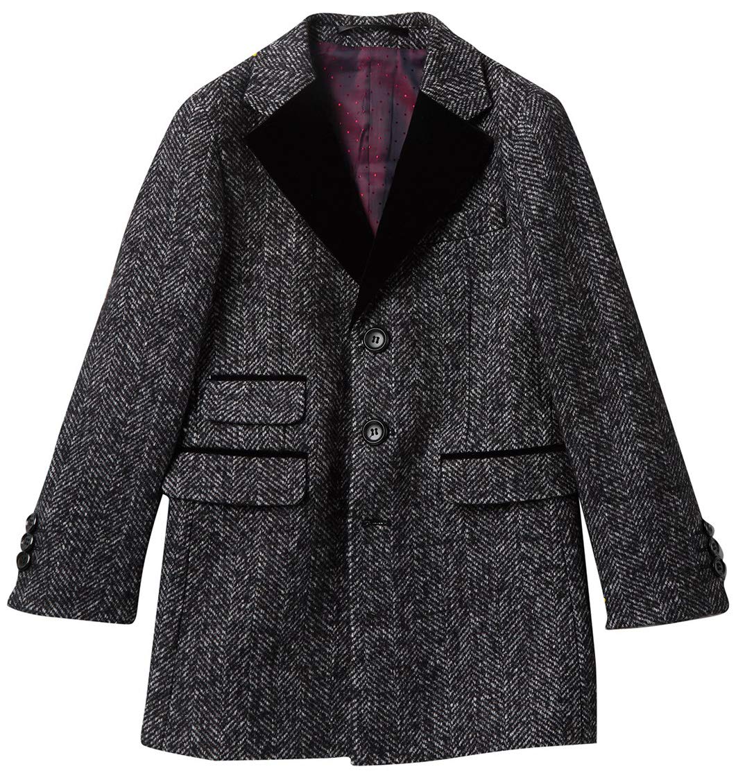 Isaac Mizrahi Boys' 2-20 Single Breasted Velvet Lapel Herringbone Wool Overcoat | Winter Formal Coat for Kids | School, Church & Special Occasions