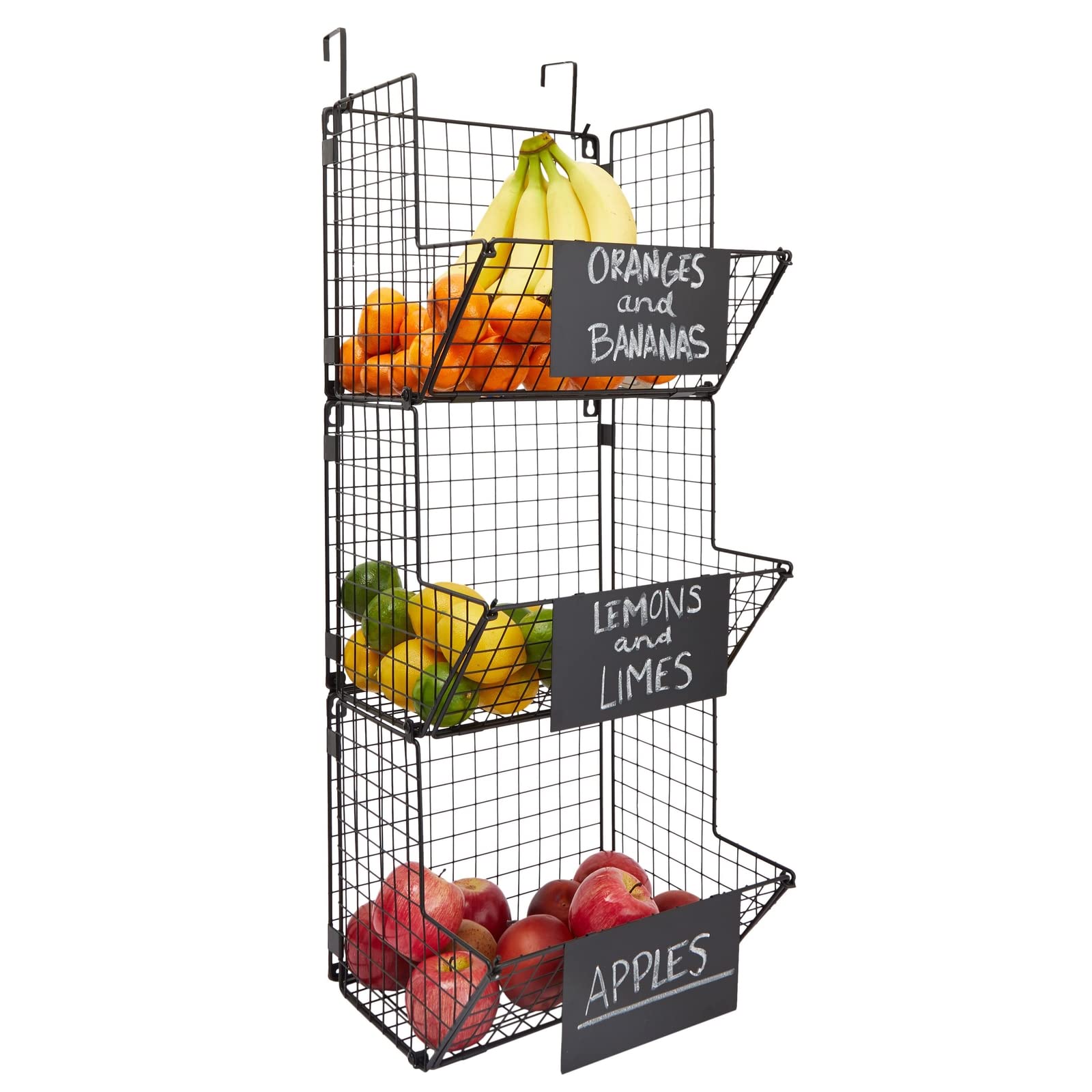 Juvale 3-Tier Over The Door Hanging Basket Organizer - Black Metal Wire Storage Bins for Fruits, Vegetables, Snacks - Space Saving Kitchen & Pantry Organization - Perfect for Small Apartments, Dorms & Closet Storage (11.7