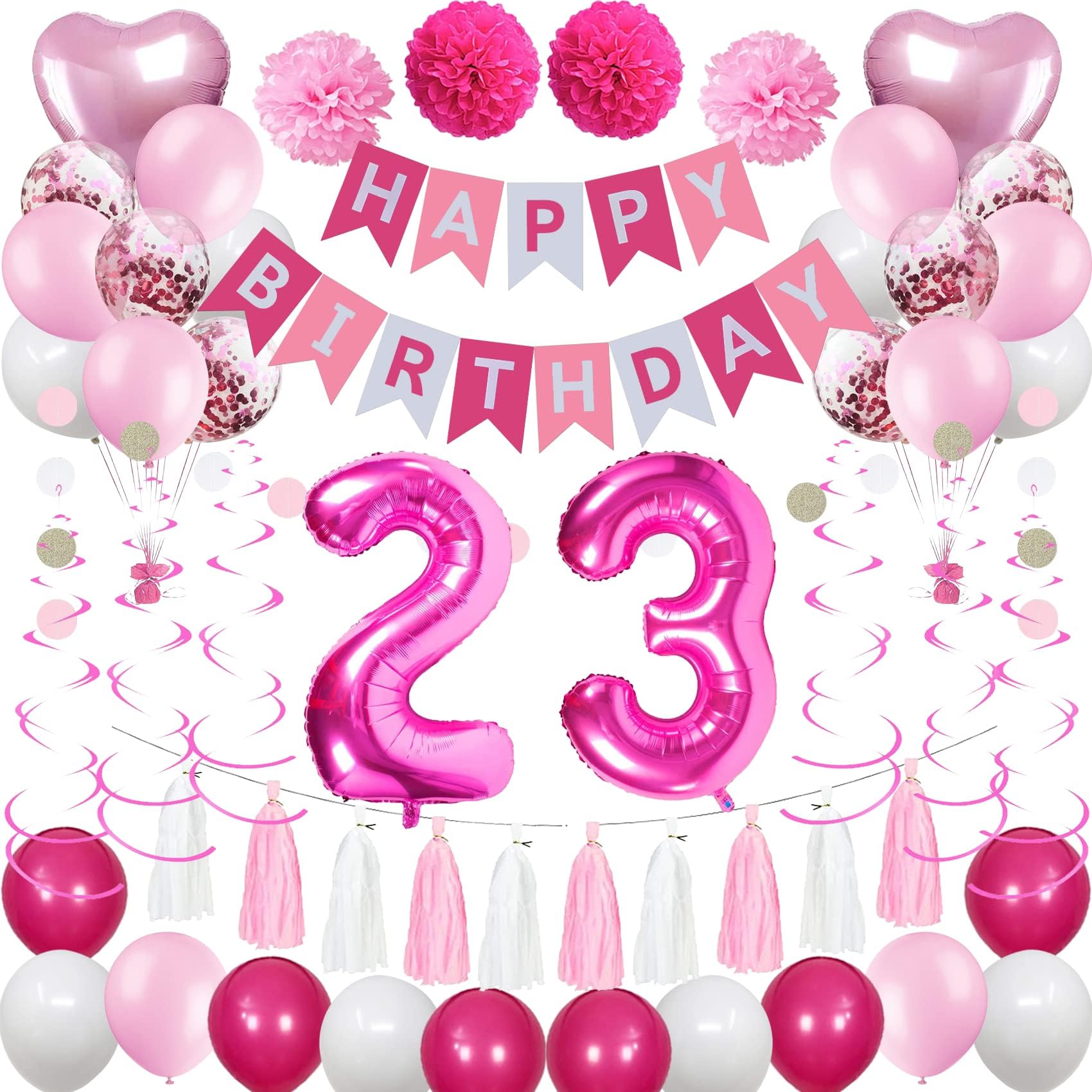 23rd Birthday Decorations for Women - Pink & White Balloons, Banner & Party Supplies | Perfect for Girlfriend, Wife, Sister | Ideal for Birthday Parties, Surprises & Celebrations