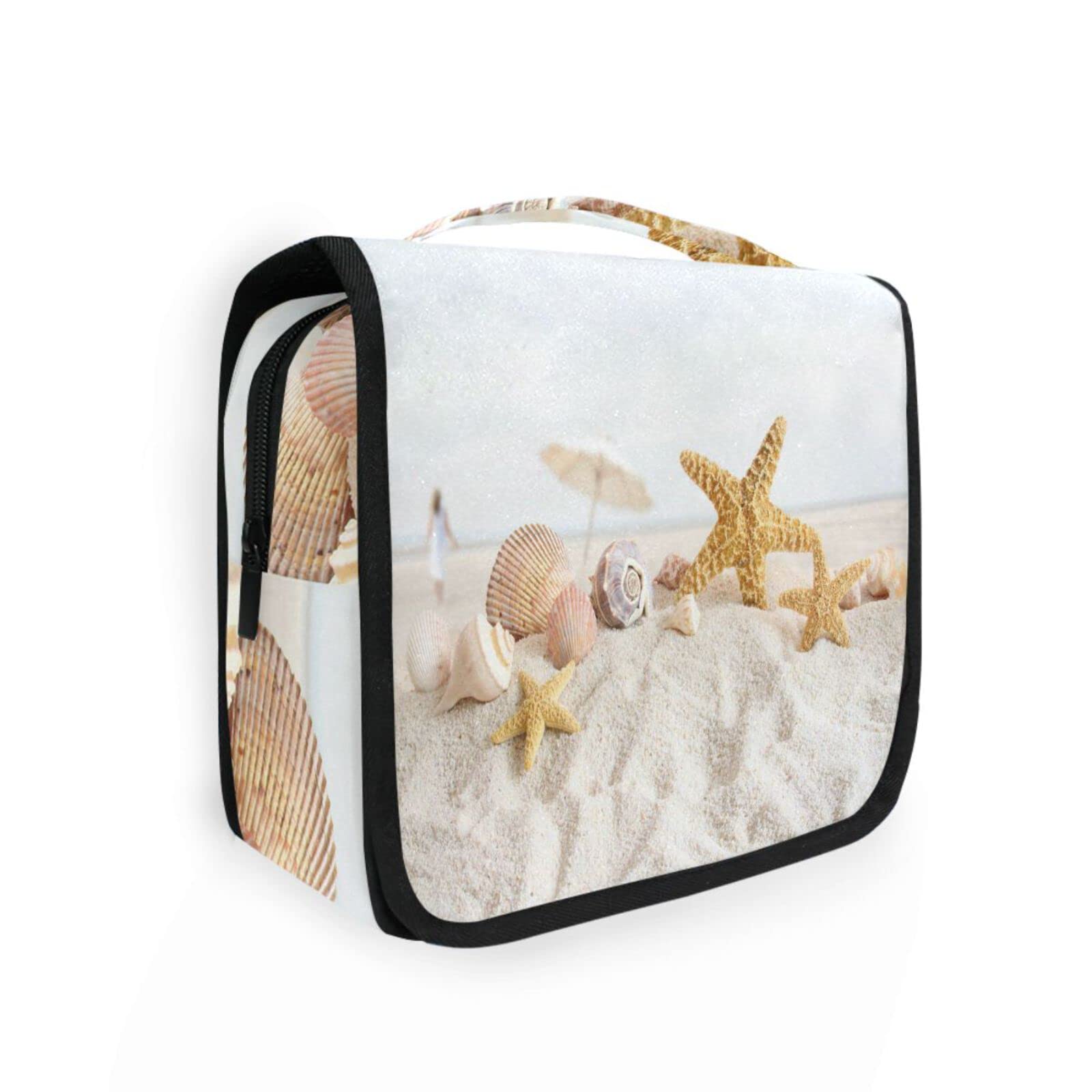 White Beach Seashell Toiletry Bag - Hanging Travel Organizer for Women & Men | Portable Cosmetic Case for Makeup & Toiletries | Perfect for Beach Vacations, Camping & Weekend Getaways