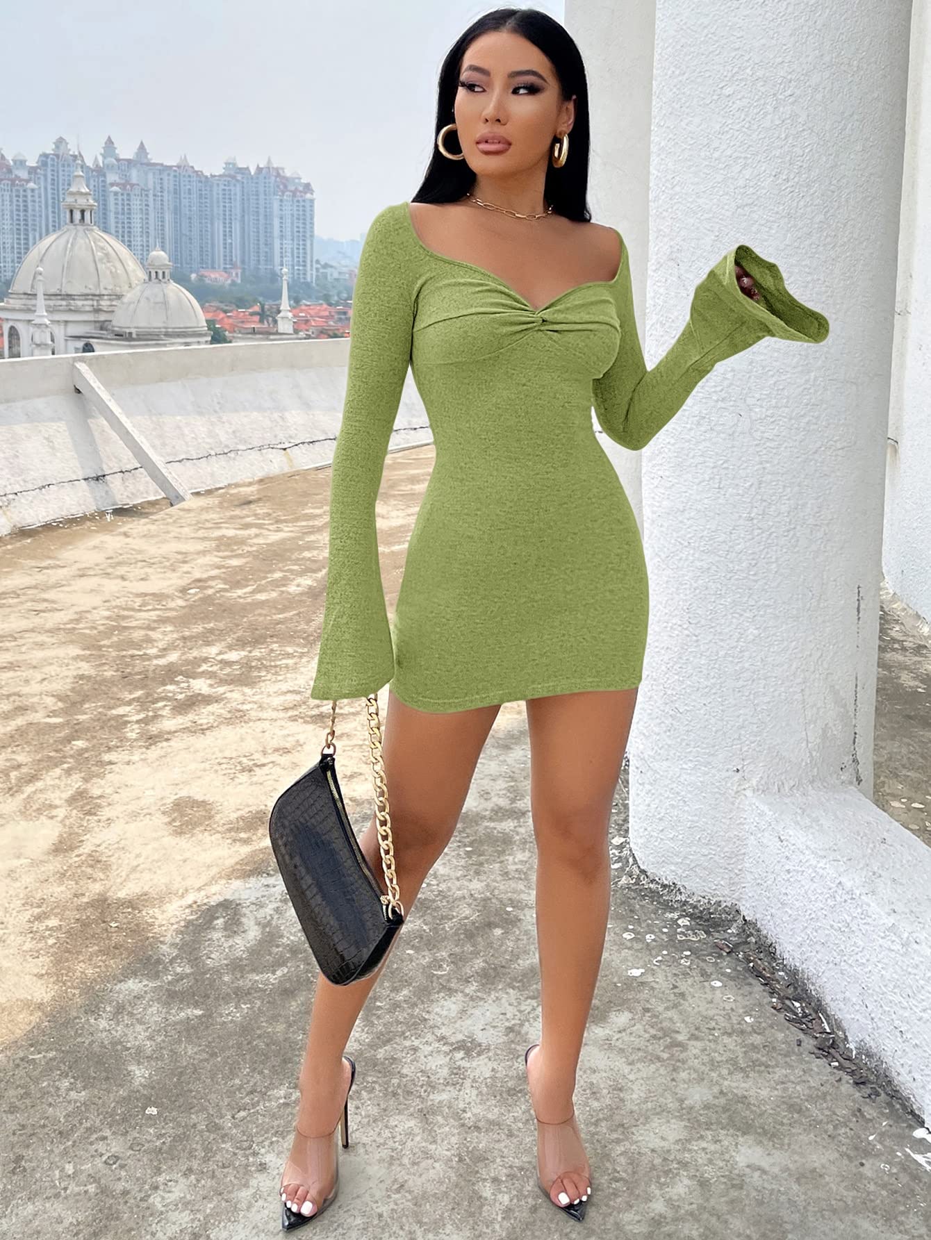 ZARKL Women's Twist Front Flounce Sleeve Bodycon Dress - Lime Green, Size Medium | Sexy Party Cocktail Dress for Night Out, Clubwear, Date Night & Special Occasions