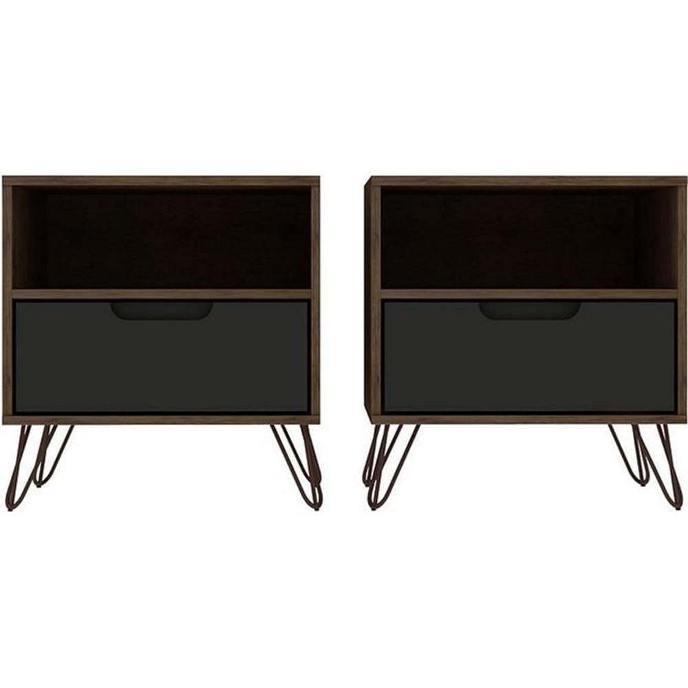 Mid Century Modern Nightstands Set of 2 with Drawer & Cubby - Functional Storage Organizer for Bedroom & Living Room - Grey Manhattan Comfort Rockefeller Bedside Tables - Perfect for Small Spaces, Guest Rooms & Apartment Decor